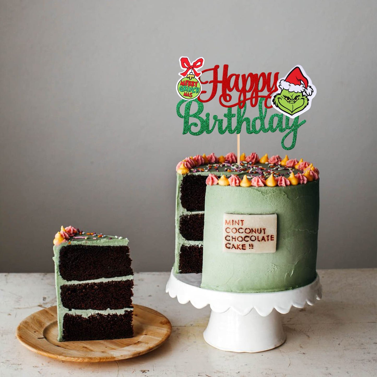 1 Pcs Glitter Grinch Happy Birthday Cake Topper Assembled Merry Christmas Grinch Cake Pick For Christmas Theme Baby Shower Kids
