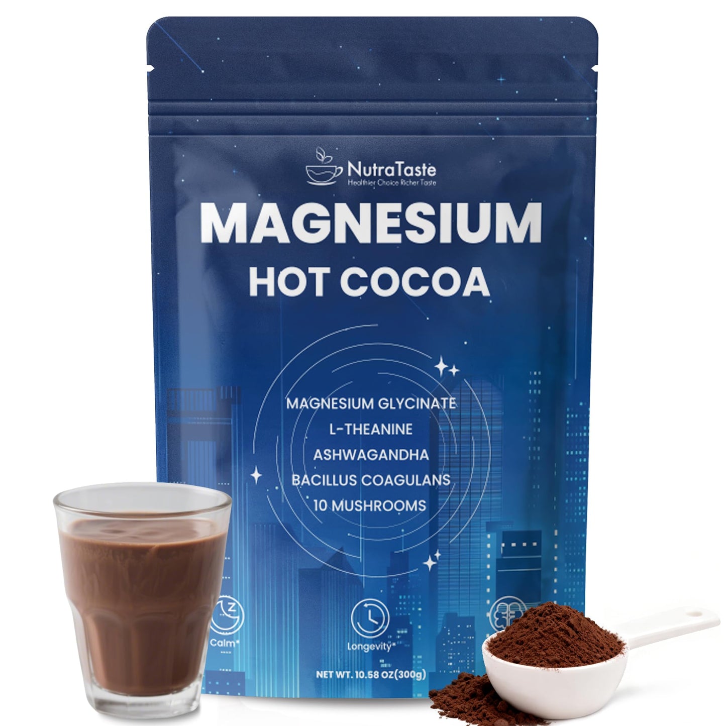 Magnesium Hot Cocoa Powder Mix | Superfood Sleep Powder with 10 Mushrooms, Magnesium Glycinate & L-Theanine | Plant-Based, Keto-