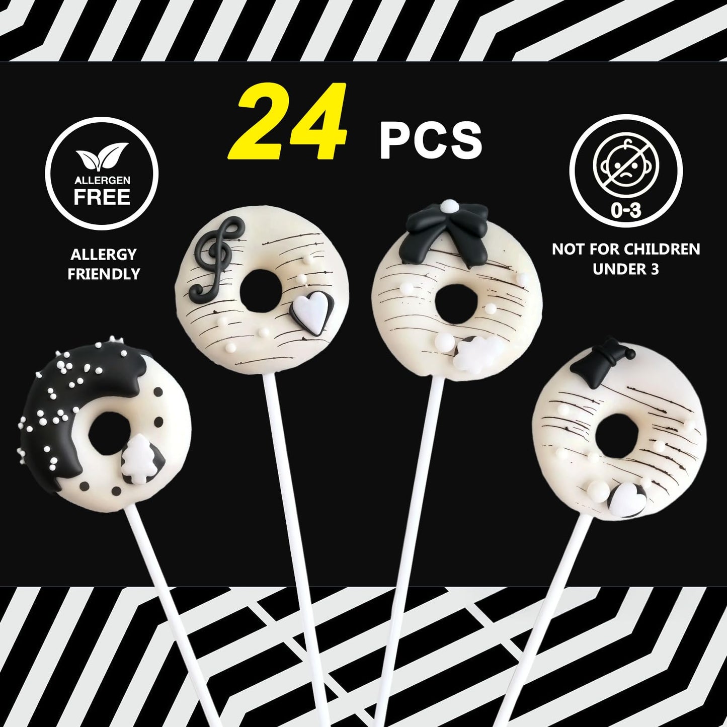 24 Ct Black White Donut Shaped Candy Lollipops Covered With Sprinkles, Individually Wrapped Lollipop Suckers Candy Bulk, Mixed Fruit Flavor, Artistically Crafted Lollipops Candys Gifts For Halloween