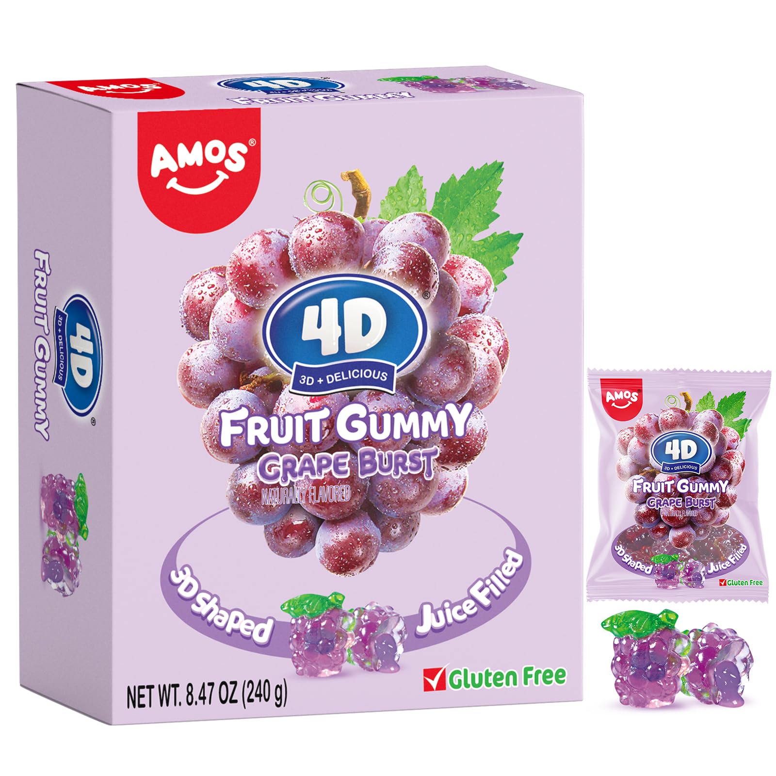Amos Gummy Candy – 3D Grape Shaped, Jelly-Filled – 240g Box (Pack of 10) – Natural Flavor Treats for Kids and Adults