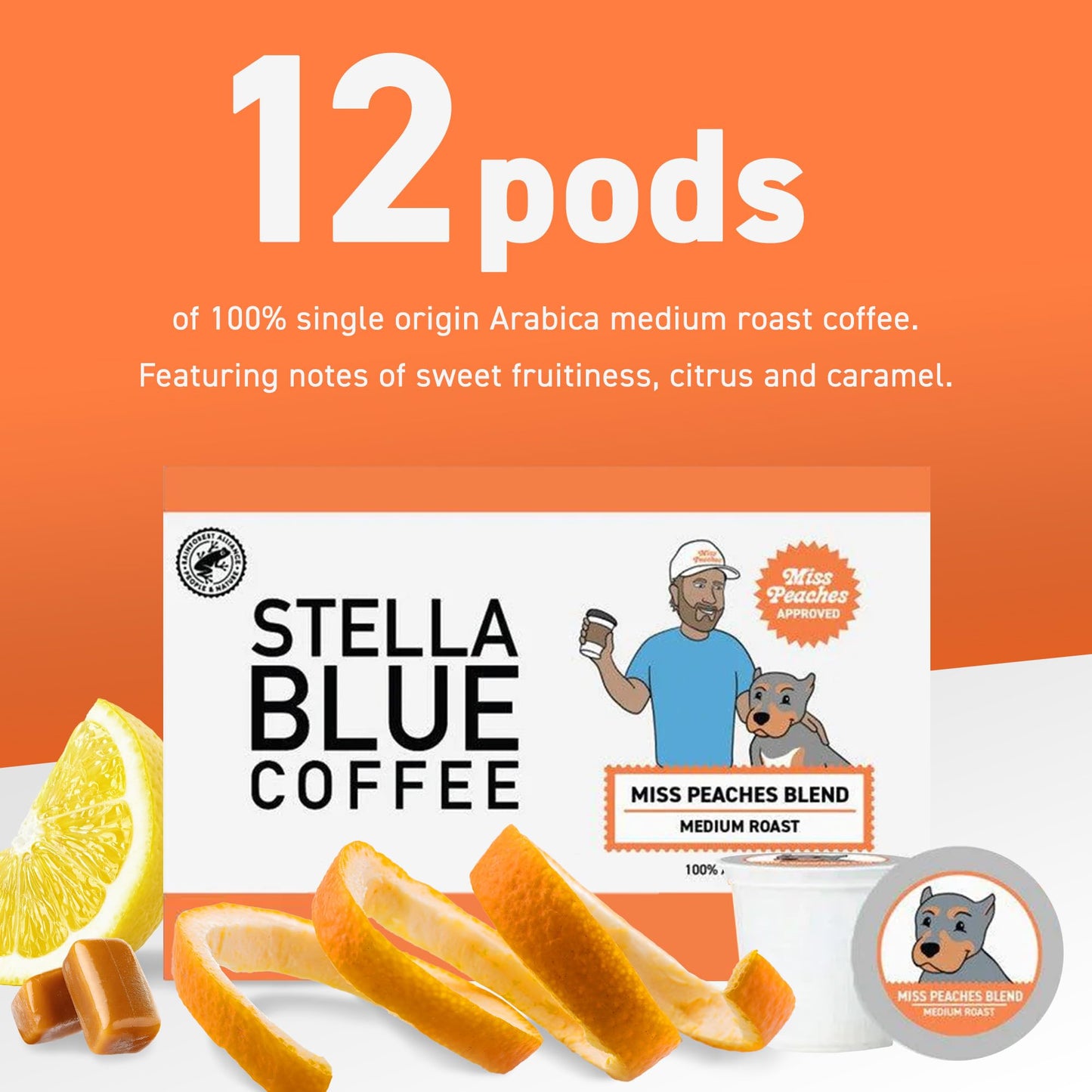 Stella Blue Coffee Pods, Miss Peaches Blend, Medium Roast, 100% Arabica, 12 Recyclable K Cup Compatible Pods