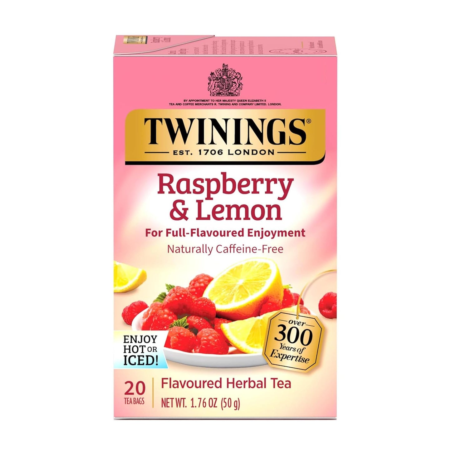 Twinings Raspberry & Lemon Herbal Tea, Caffeine-Free, 20 Individually Wrapped Teabags, Enjoy Hot or Iced