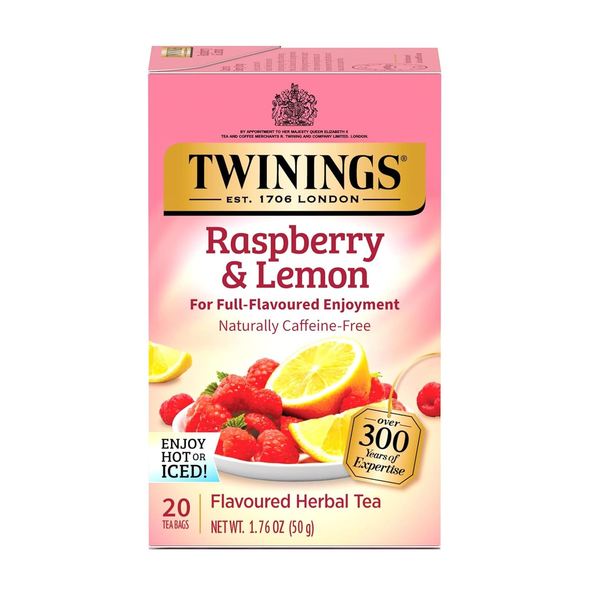 Twinings Raspberry & Lemon Herbal Tea, Caffeine-Free, 20 Individually Wrapped Teabags, Enjoy Hot or Iced