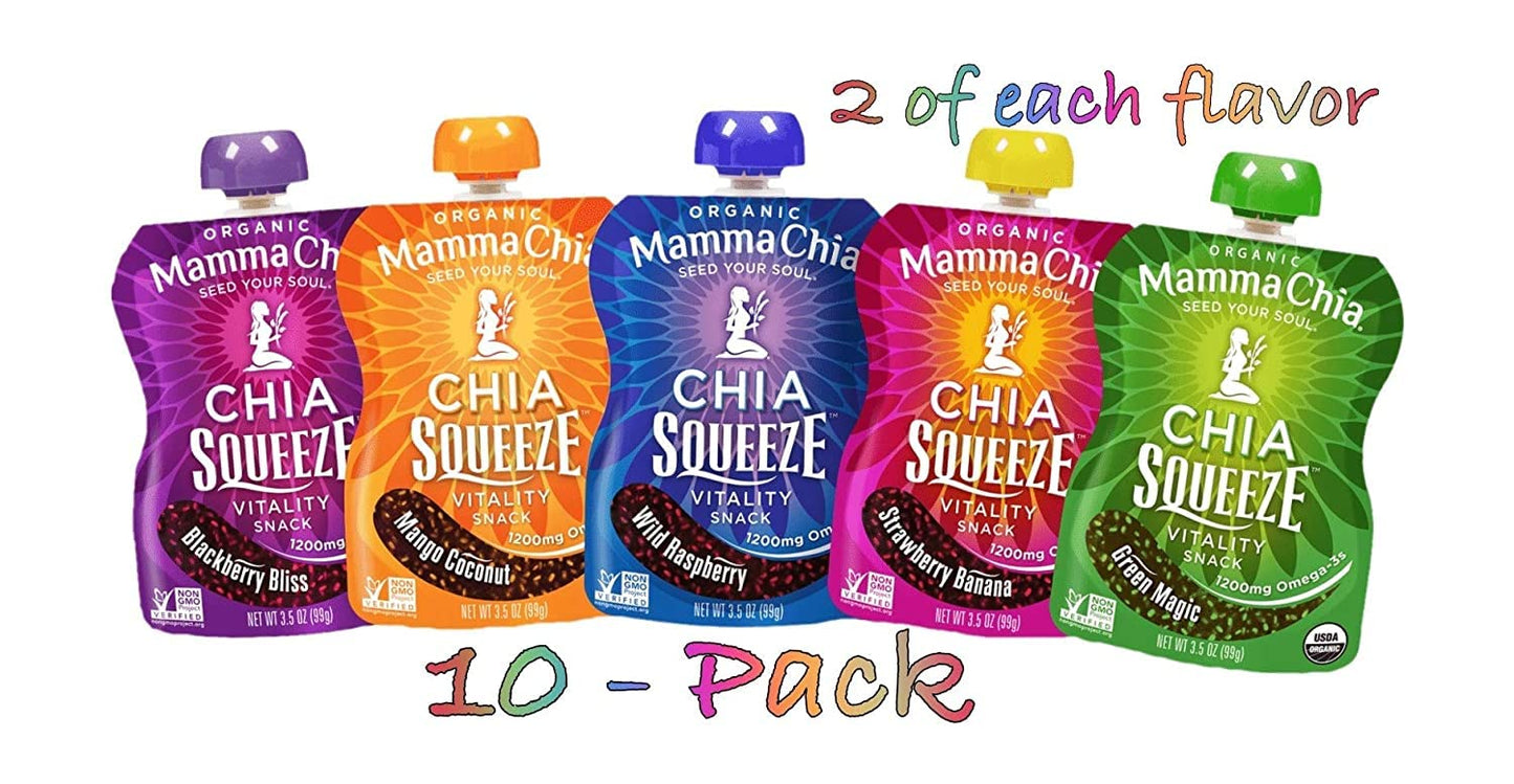Mamma Chia Squeeze 10-Pack - Wild Raspberry, Green Magic, Blackberry Bliss, Strawberry, Mango Coconut - Healthy Snack Variety