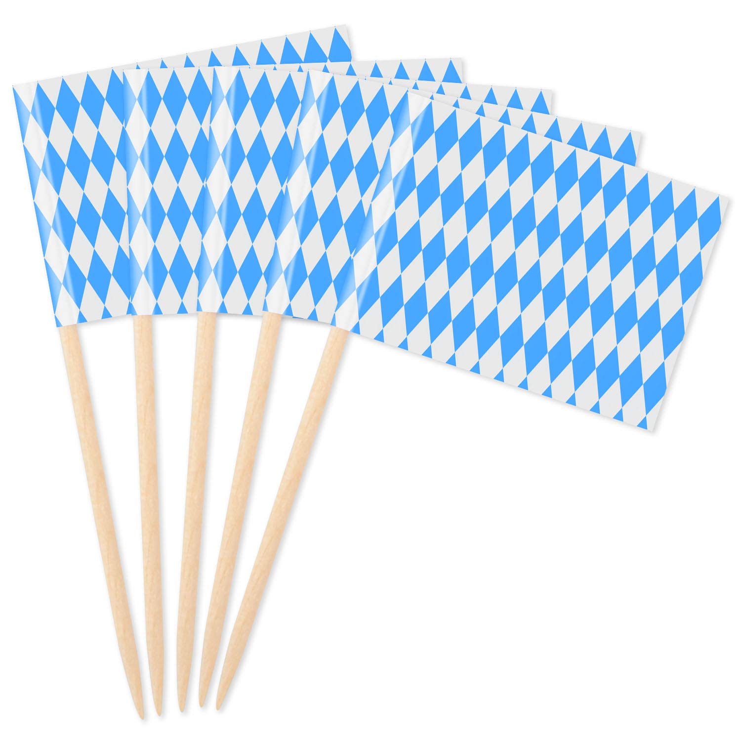 Sunshane Oktoberfest Cupcake Topper Picks - Bavarian Flag Toothpick Flags, 2.56 x 1.38 Inches, Blue and White, 100 Pack