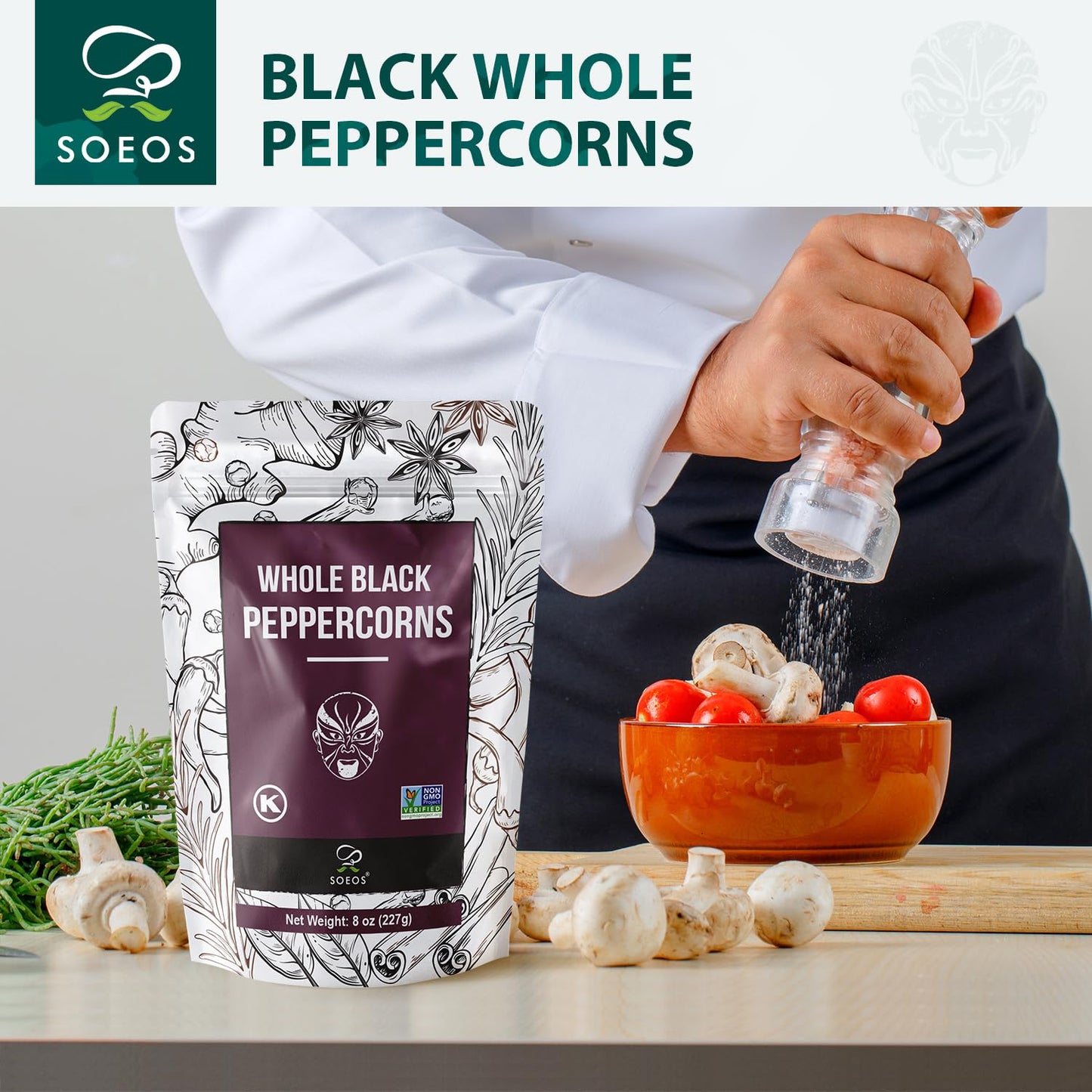 Soeos Black Peppercorns, 8oz (Pack of 1), Non-GMO, Kosher, Packed to Keep Peppers Fresh, Peppercorn for Grinder Refill, Whole Pe