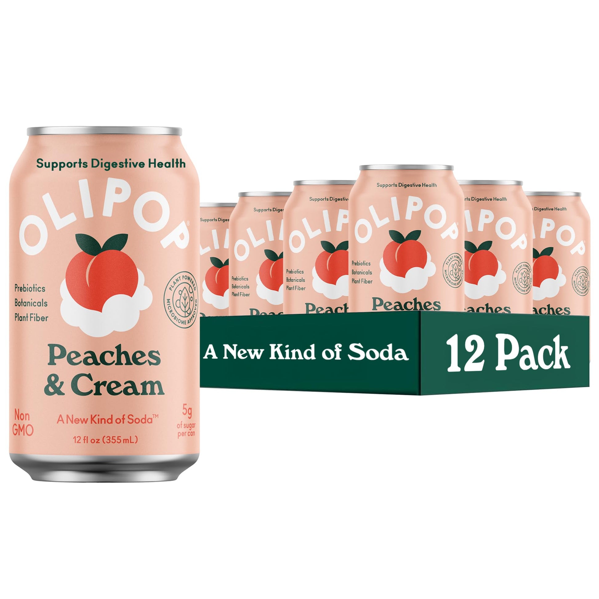 OLIPOP Prebiotic Soda Pop, Peaches & Cream, A New Kind of Soda Packed with Prebiotics, Fiber, and Botanicals, Gluten Free, Vegan