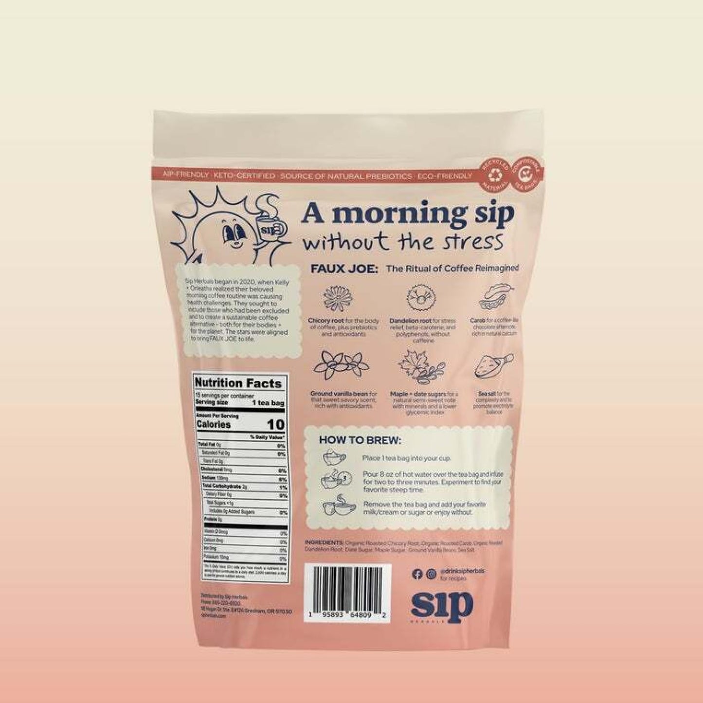 Sip Herbals Herbal Coffee Alternative - Caffeine Free, Salted Maple Blondie Roast, 15 Servings
