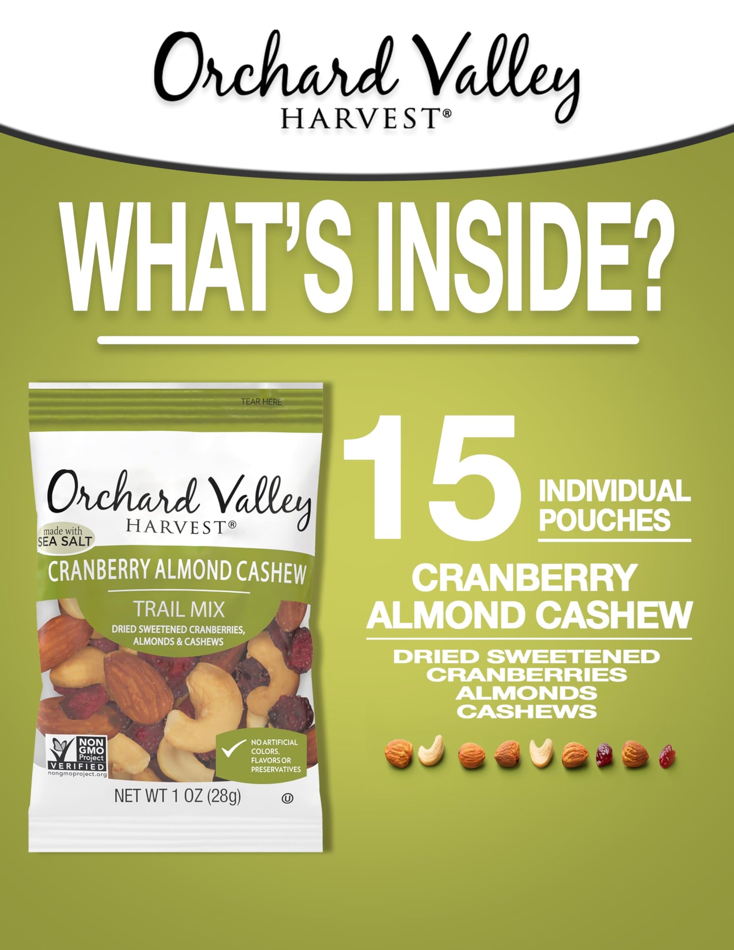 Orchard Valley Harvest Cranberry Almond Cashew Trail Mix, 1 Ounce Bags (Pack Of 15), Cranberries, Almonds, And Cashews, Non-Gmo,