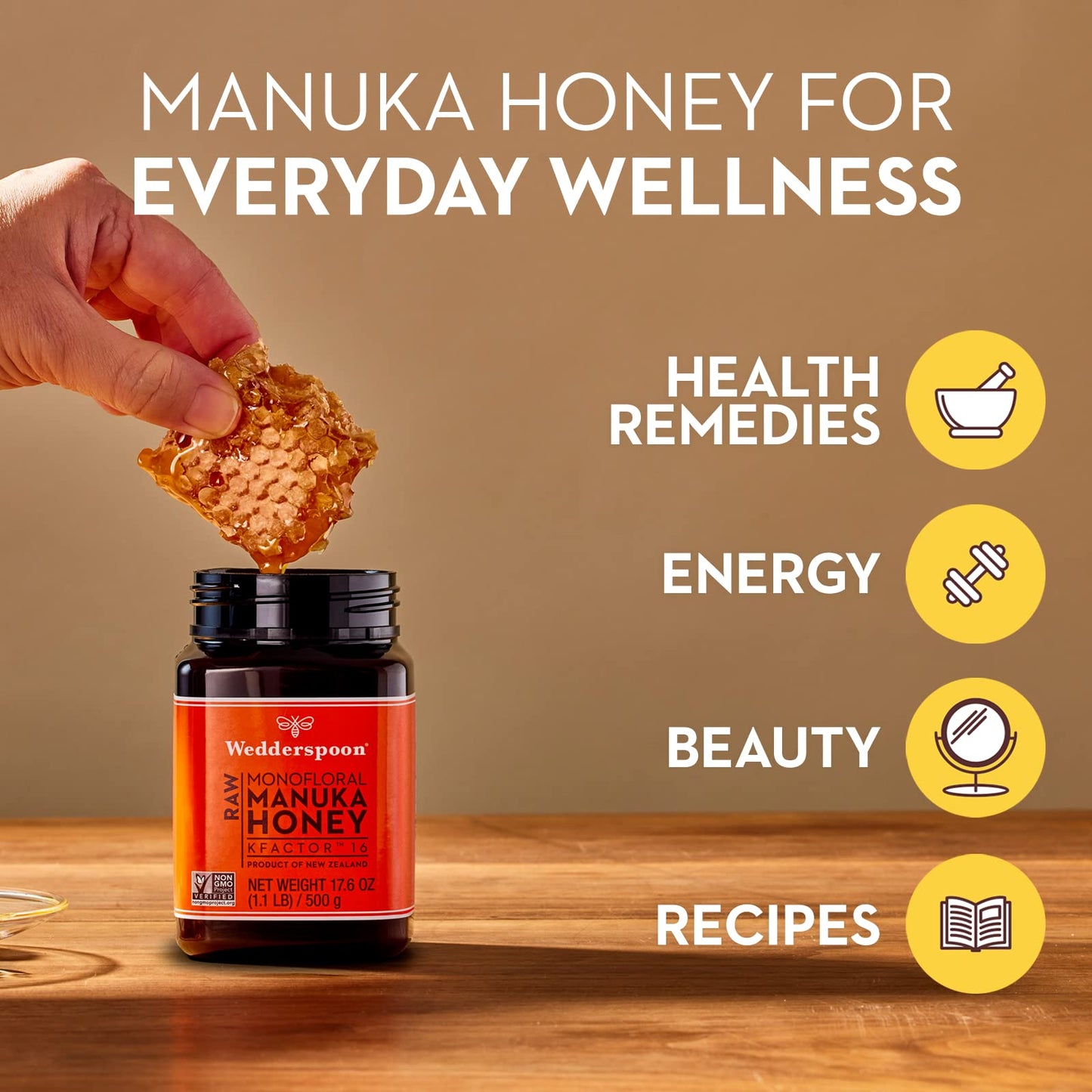 Wedderspoon Raw Premium Manuka Honey, Kfactor 16, 17.6 Oz, Unpasteurized, Genuine New Zealand Honey, Traceable From Our Hives To