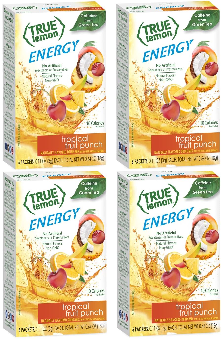 TrueLemon Energy Drinks Tropical Fruit Punch 4 boxes of 6 Each 24 total