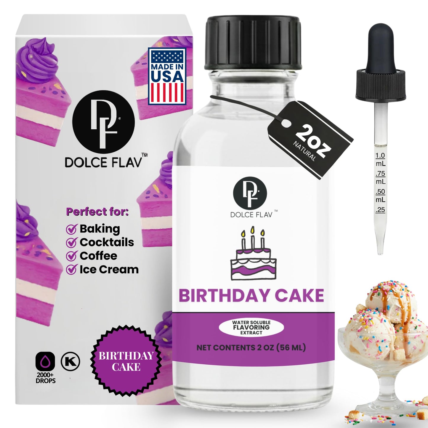 Dolce Flav Birthday Cake Extract - 2 Ounce Water-Soluble Kosher  Sugar-Free  Concentrated Festive Cake Flavoring For Frostings  Cupcakes & Desserts  Includes Measured Dropper