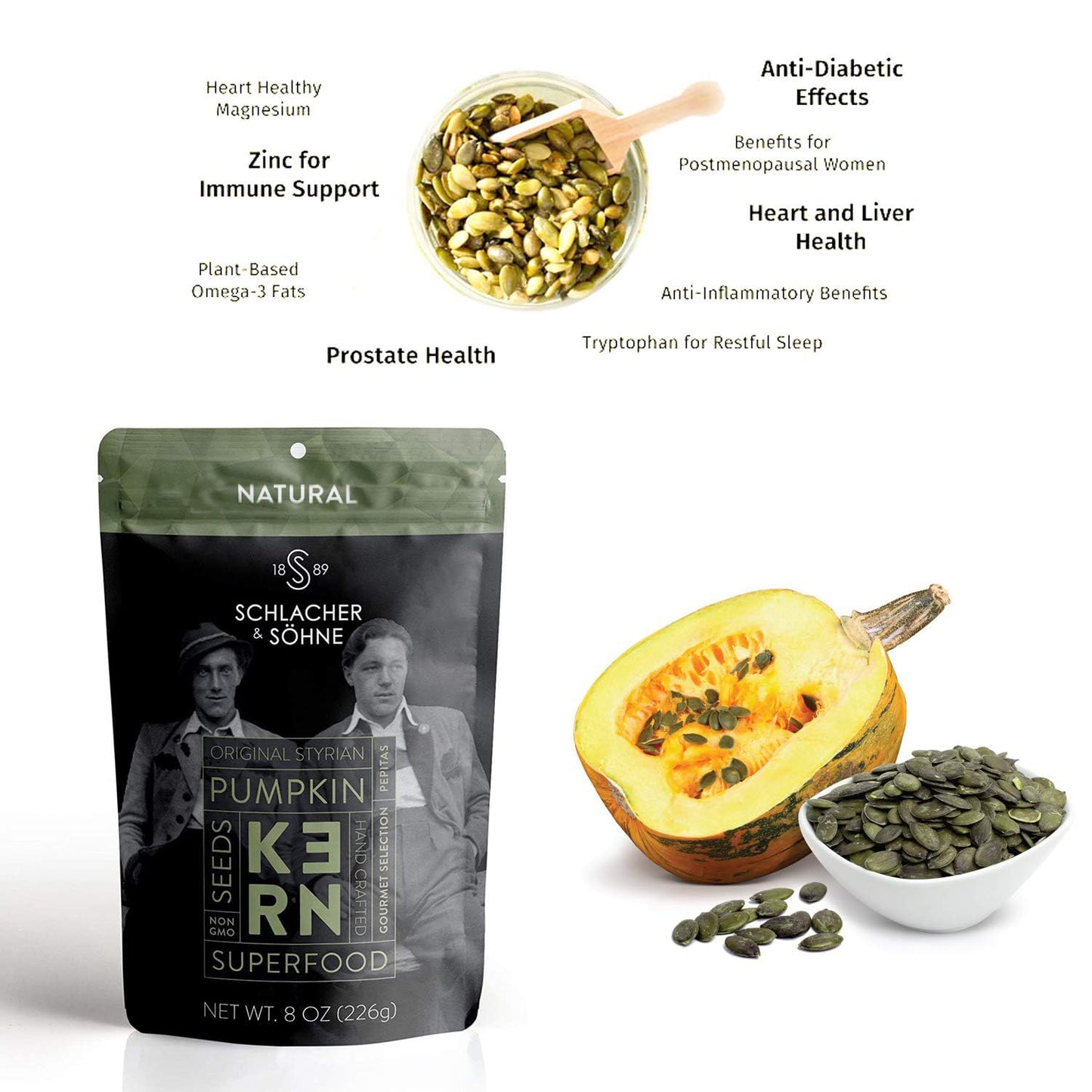 Schlacher & Shne Styrian Pumpkin Seeds, 100% Pure & Natural, Premium Quality Pepitas, Healthy Snacks, Raw, Fresh Superfood, Unsa