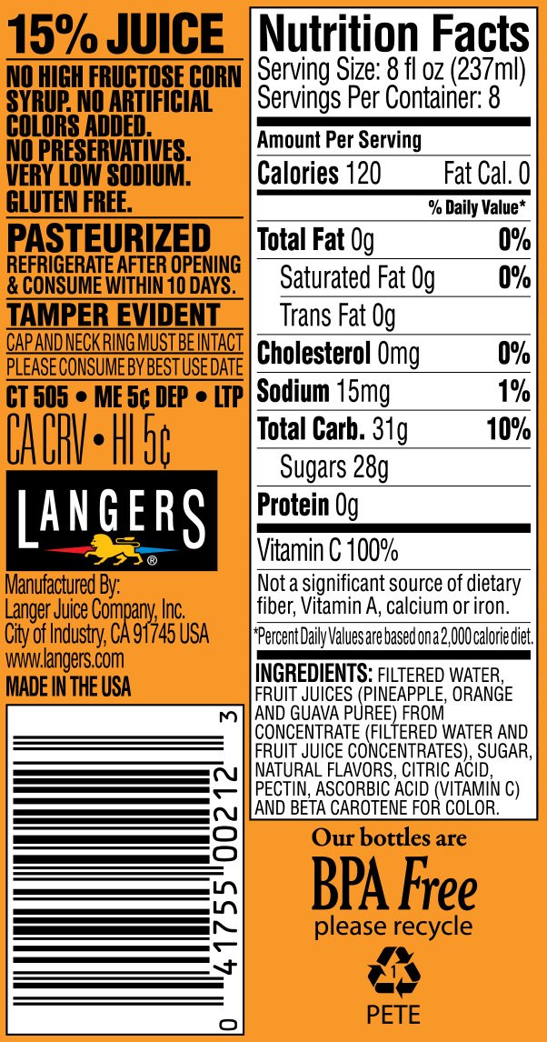 Langers Juice Cocktail, Pineapple Orange Guava, 64 Fl Oz, Pack of 8