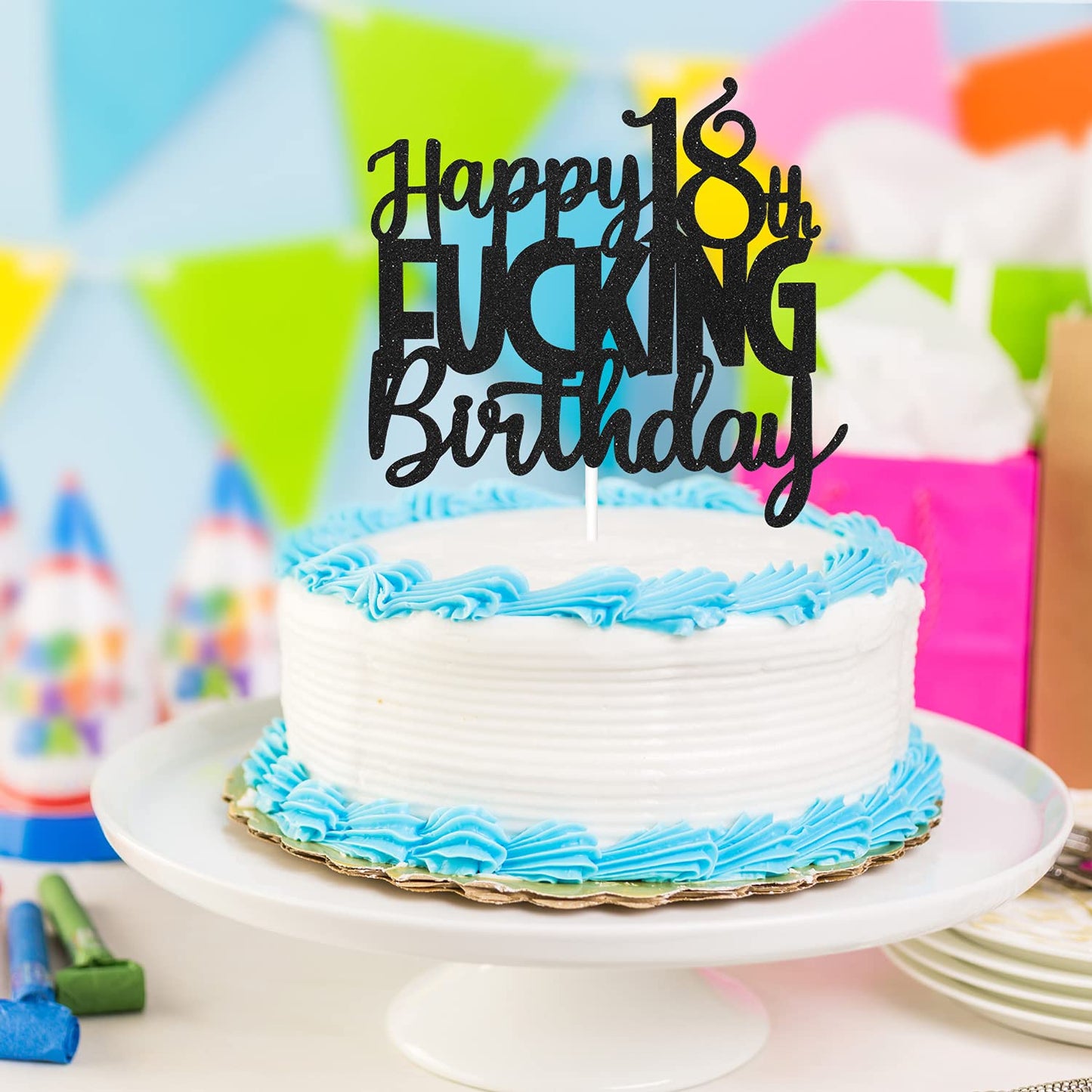 Caiwowo Birthday Cake Topper - Funny Black Glitter 18th Birthday Decoration