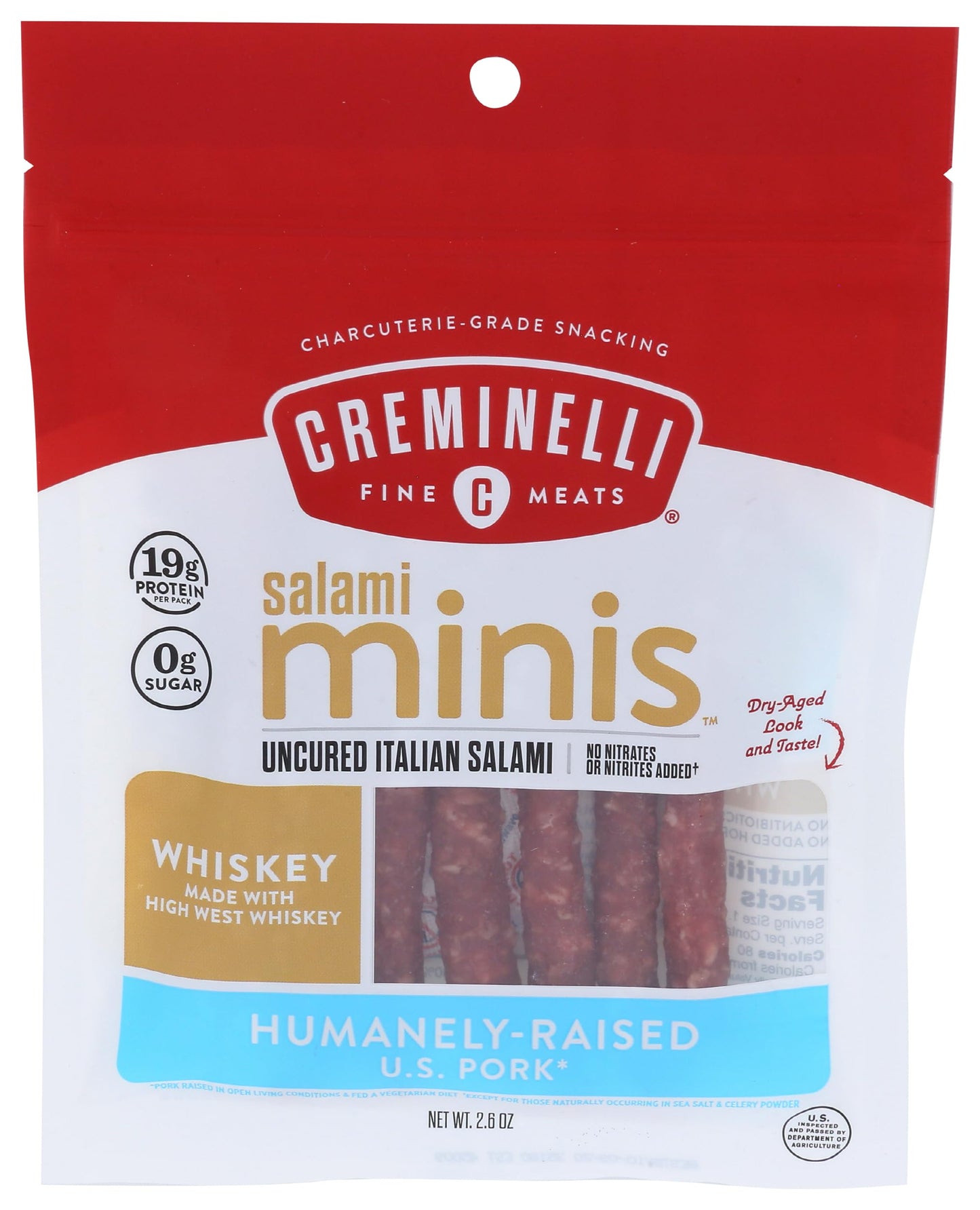 Creminelli Whiskey Salami Minis, Gluten Free, 19g Protein, 2.6oz