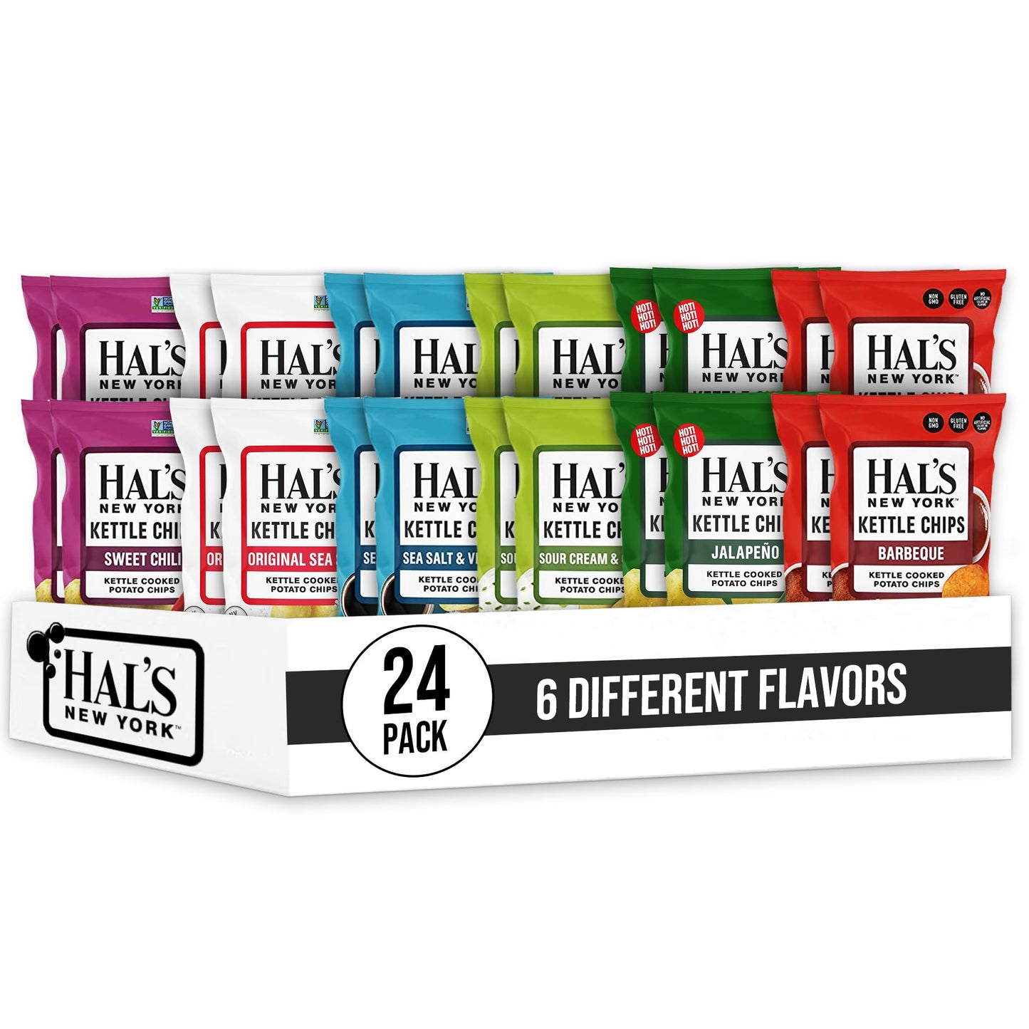 Hals New York Kettle Cooked Potato Chips, Variety Pack, 6 Flavors, 2 Oz (Pack of 24)