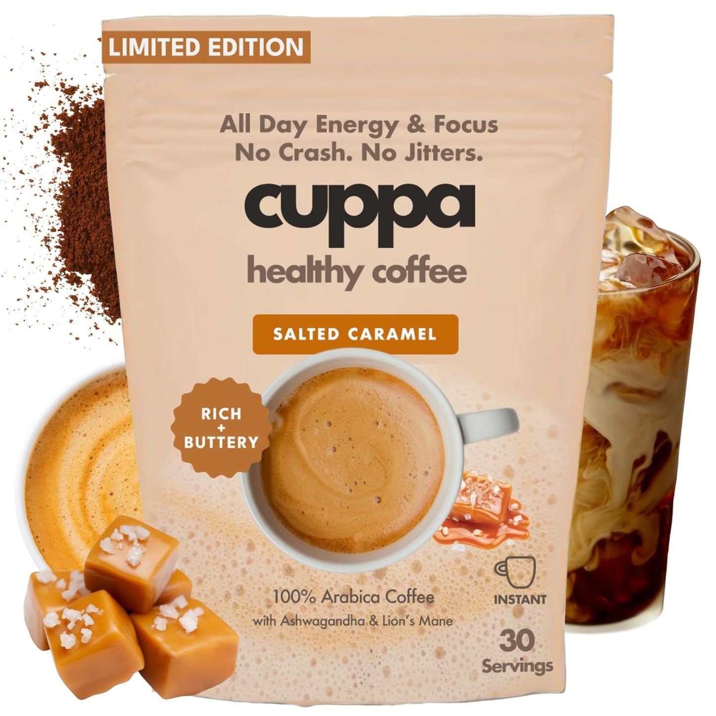 Cuppa Salted Caramel Healthy Mushroom Instant Coffee with Lions Mane & Ashwagandha for All Day Energy & Focus - No Crash or Jitters - Nootropics for Brain Health  Gut Health  Immunity  Stress  Memory + Mood - 30 Servings