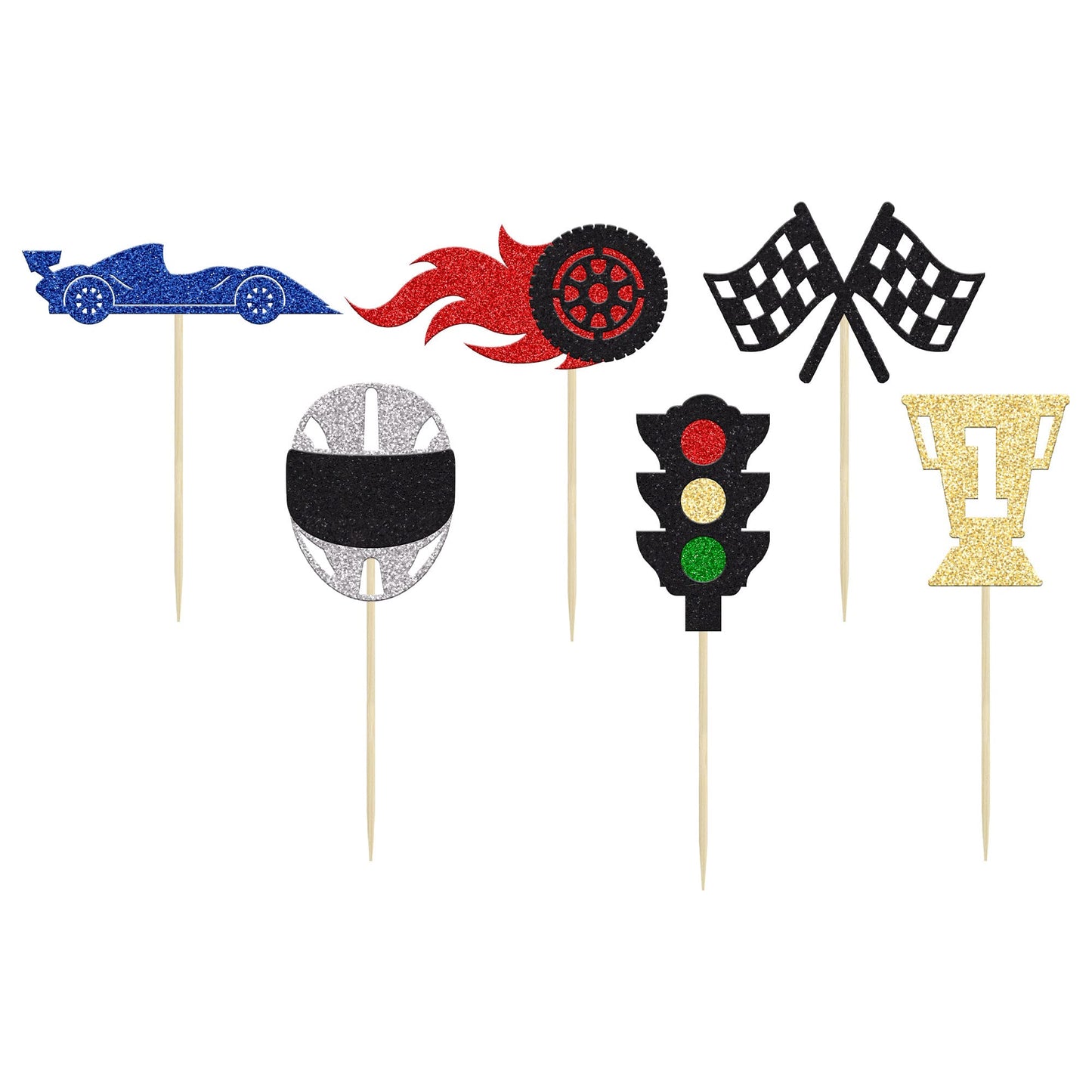 Gyufise 24Pcs Race Car Cupcake Toppers Glitter Traffic Light Wheel Trophy Flag Helmet Racing Car Cupcake Picks For Let'S Go Raci