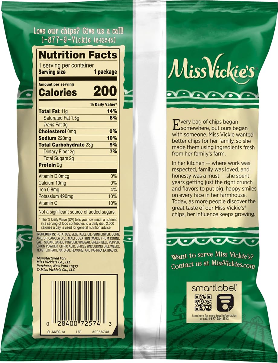 Miss Vickies Kettle Cooked Potato Chips  Spicy Dill Flavor  1.375 oz Bags  Pack of 8