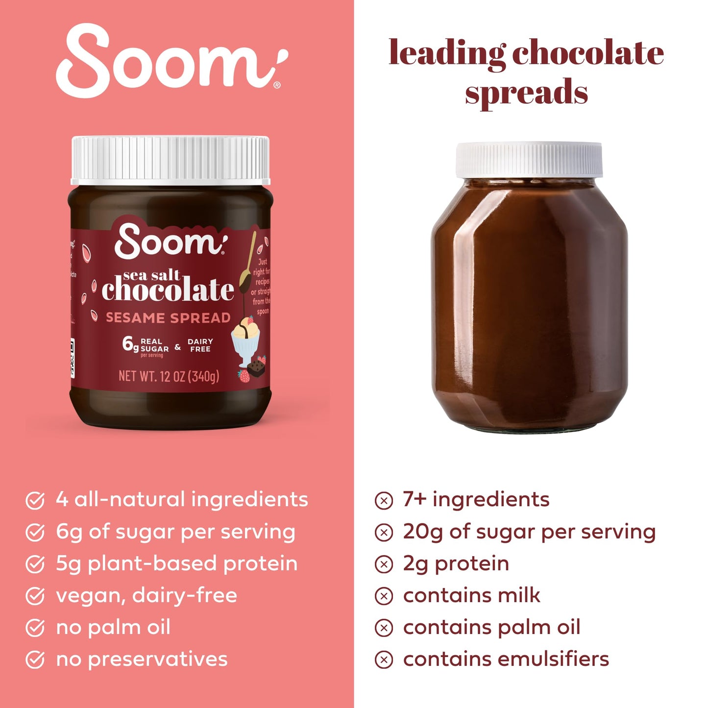 Soom Foods Dark Chocolate Sea Salt Tahini Spread, Vegan, Nut-Free, Gluten-Free, 12oz (Pack of 2)