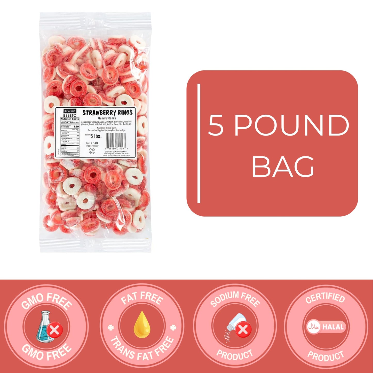 Kervan Candy Bebeto Strawberry Rings - Fruity, Soft, Sweet & Sour Gummy Candy Bulk For Kids, Gift Snacks And Parties - Strawberry Ring Gummies Big Party Size Bag (5 Lbs)