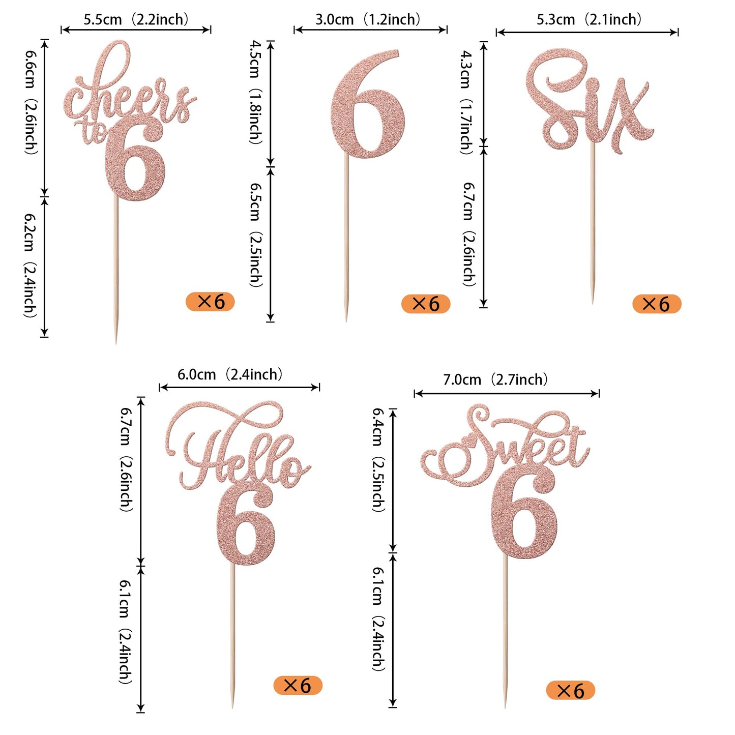 Rssta i Cupcake Toppers 30 Pack Rose Gold Glitter 6th Birthday Picks, Model XM202