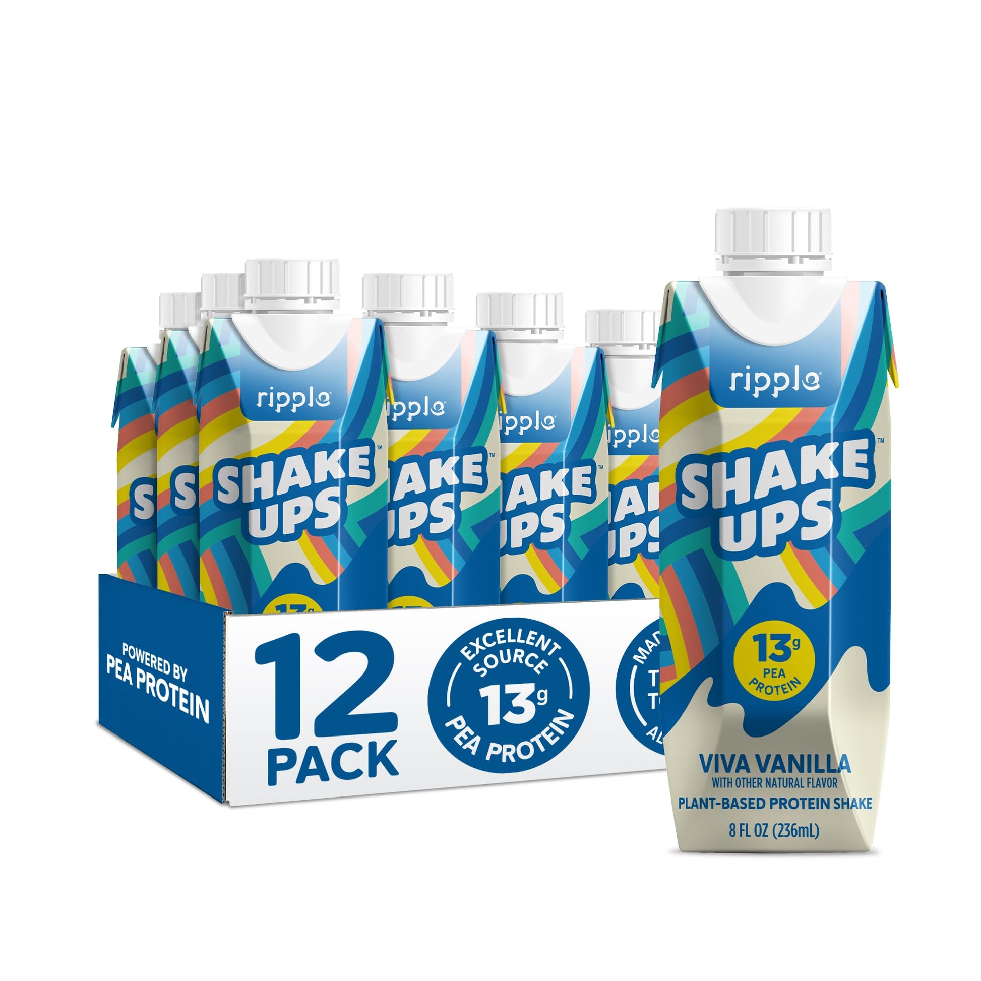 Ripple Kids Vanilla Plant Based Shake Ups | 13g Pea Protein | Vegan, Non-GMO | 8 Fl Oz Cartons (Pack of 12)