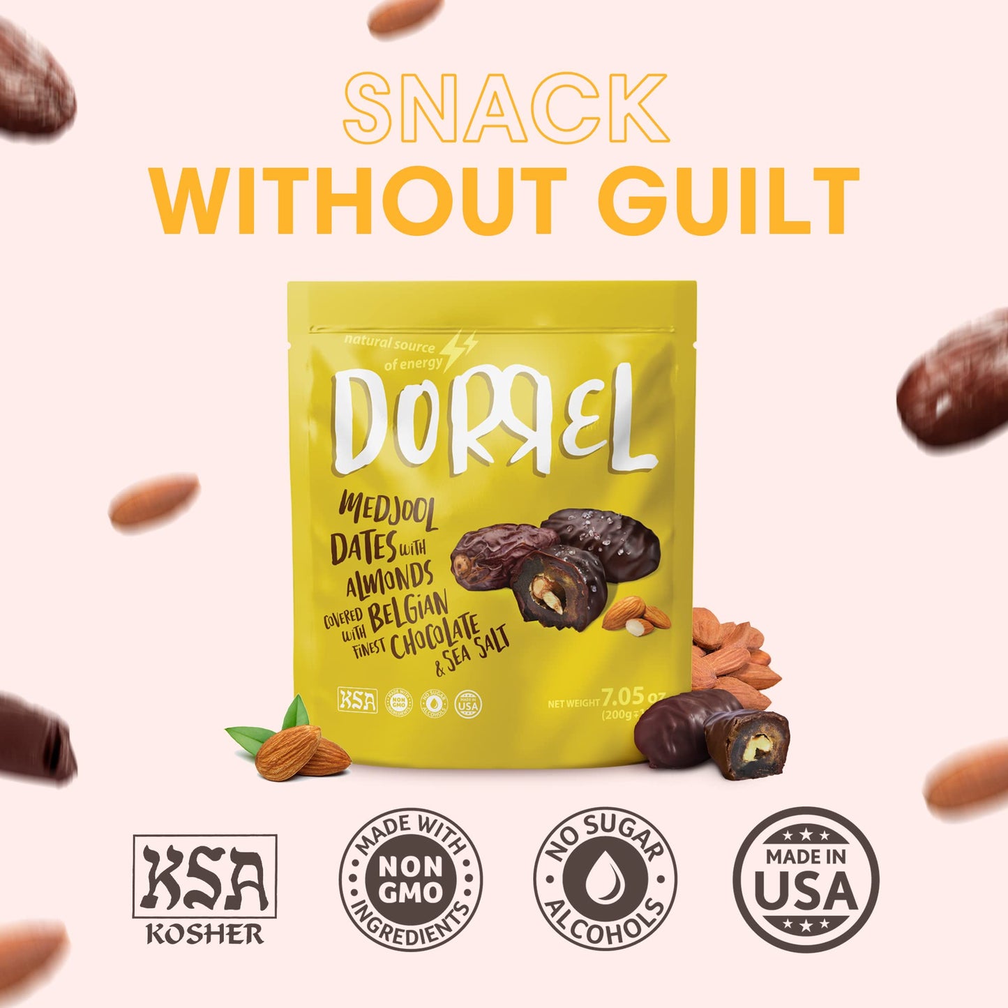 Dorrel Belgian Dark Chocolate Covered Medjool Dates Stuffed With Salted Almonds, Nutritious And Tasty Dark Chocolate Almond With