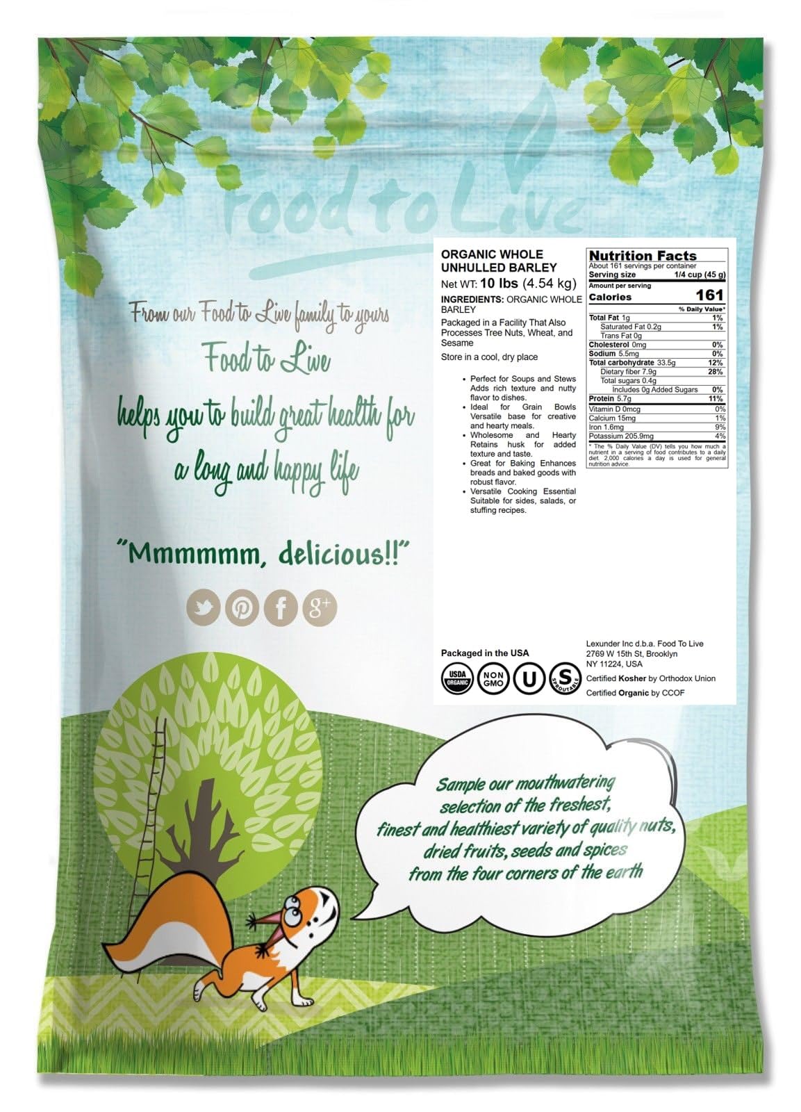 Food to Live Organic Whole Unhulled Barley, Non-GMO, High in Fiber, 10 Pounds