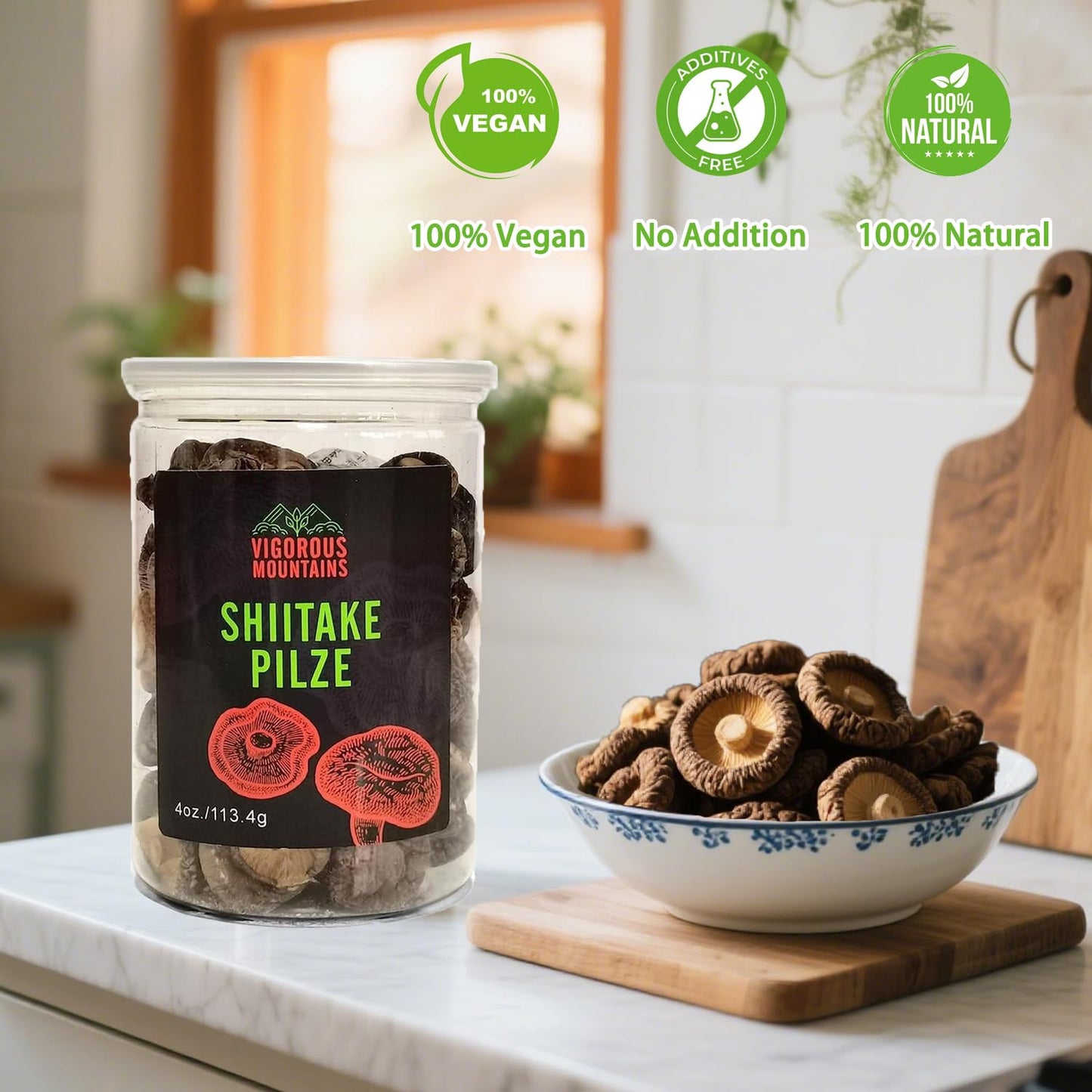 VIGOROUS MOUNTAINS Dried Shiitake Mushrooms, Dehydrated, Vegan, 4 Oz