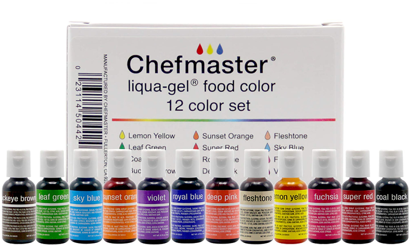 Chefmaster - Liqua-Gel Food Coloring - Fade Resistant Food Coloring - 12 Pack - Vibrant, Eye-Catching Colors, Easy-To-Blend Formula, Fade-Resistant