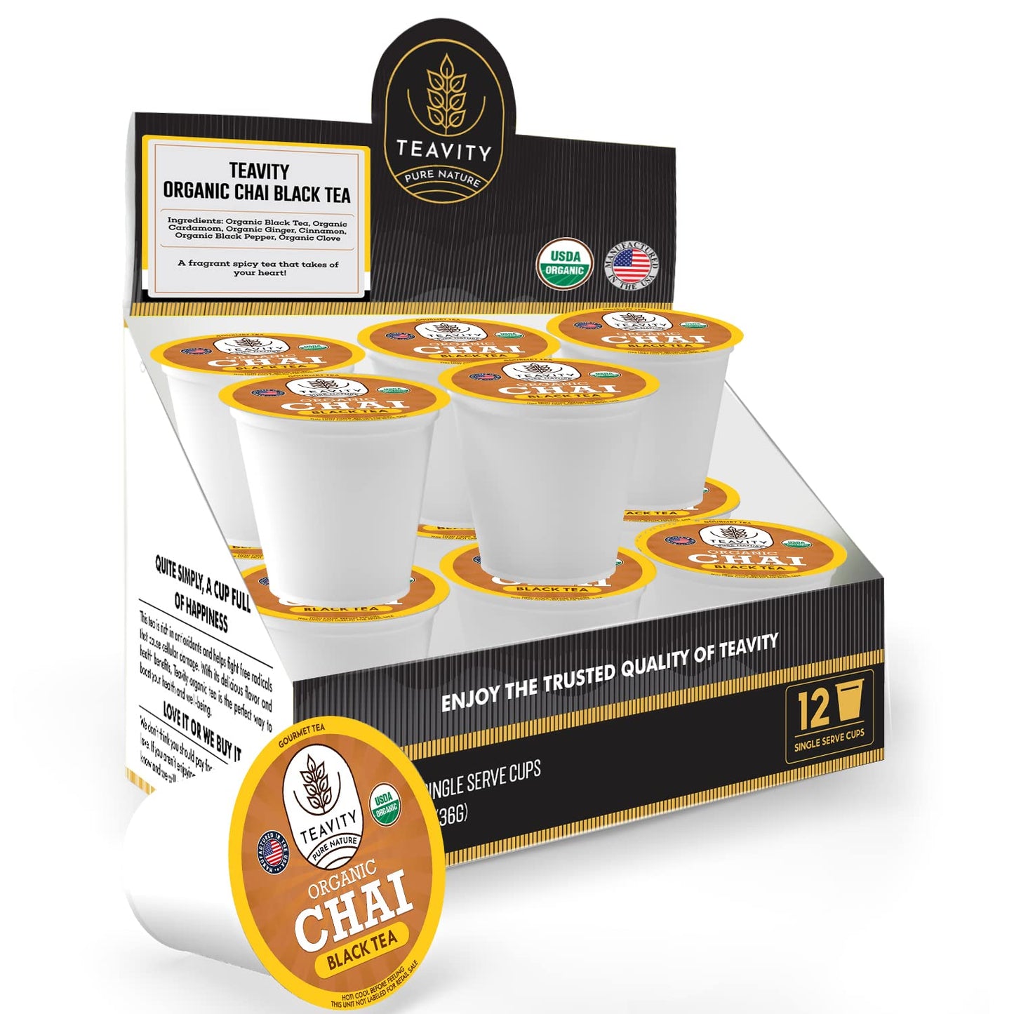 Teavity Organic Chai Black Tea Pods for Keurig, Naturally Caffeinated, 12 Count
