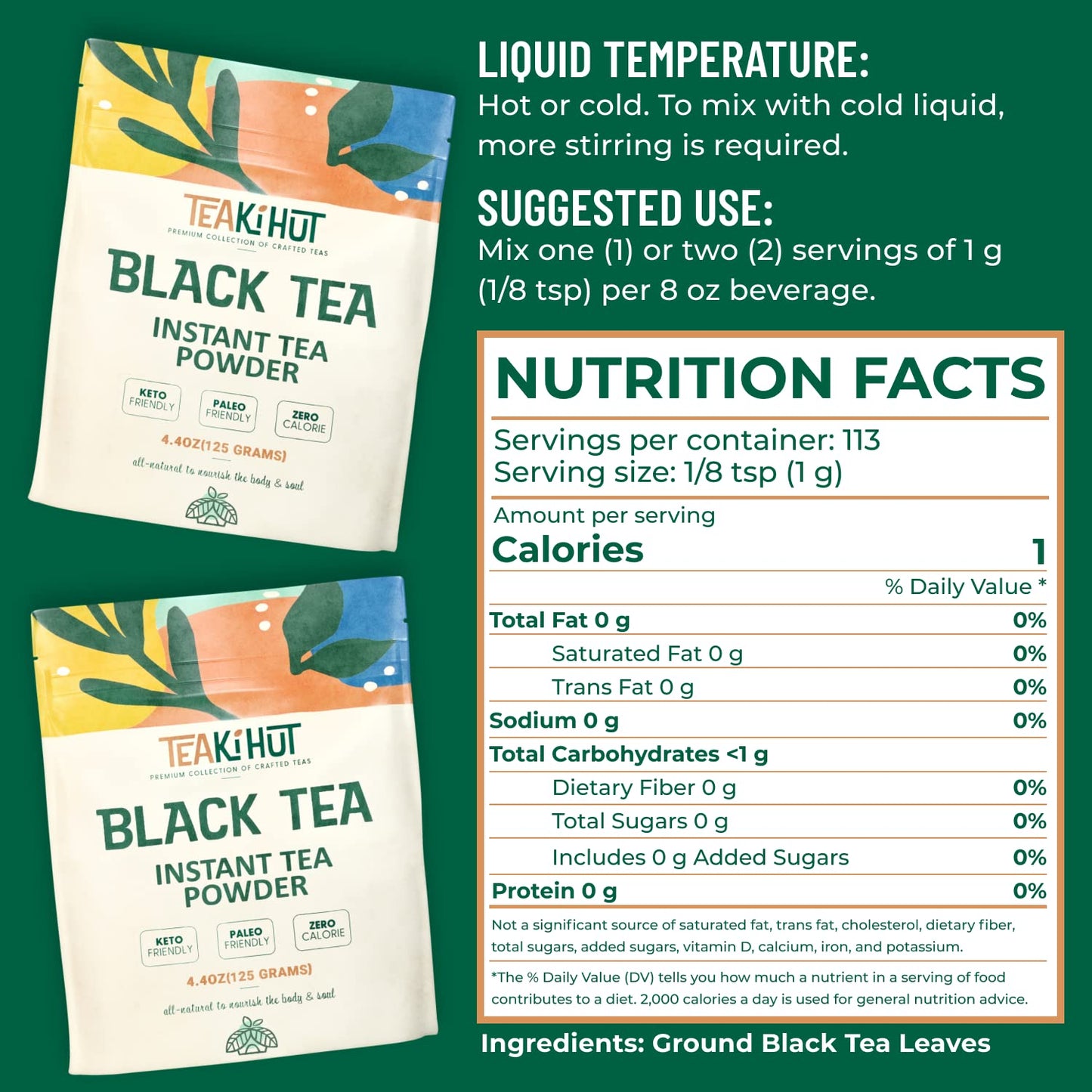 TEAki Hut Instant Black Tea Powder, Unsweetened, 4 oz, 113 Servings
