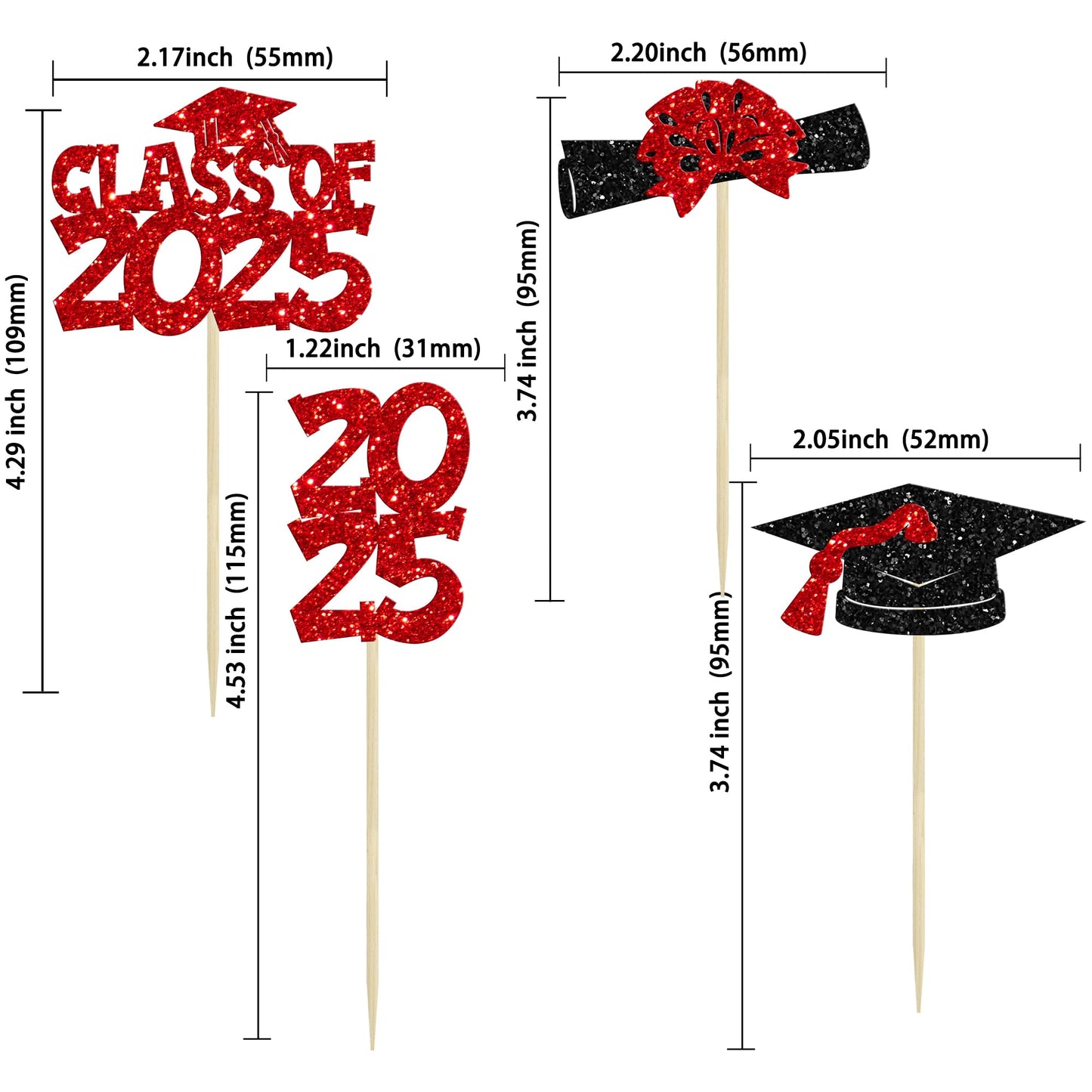 Ephlyn 36Pcs 2025 Graduation Theme Cupcake Toppers Glitter Class Of 2025 Congrats Grad Diploma Graduation Cap Cupcake Picks For