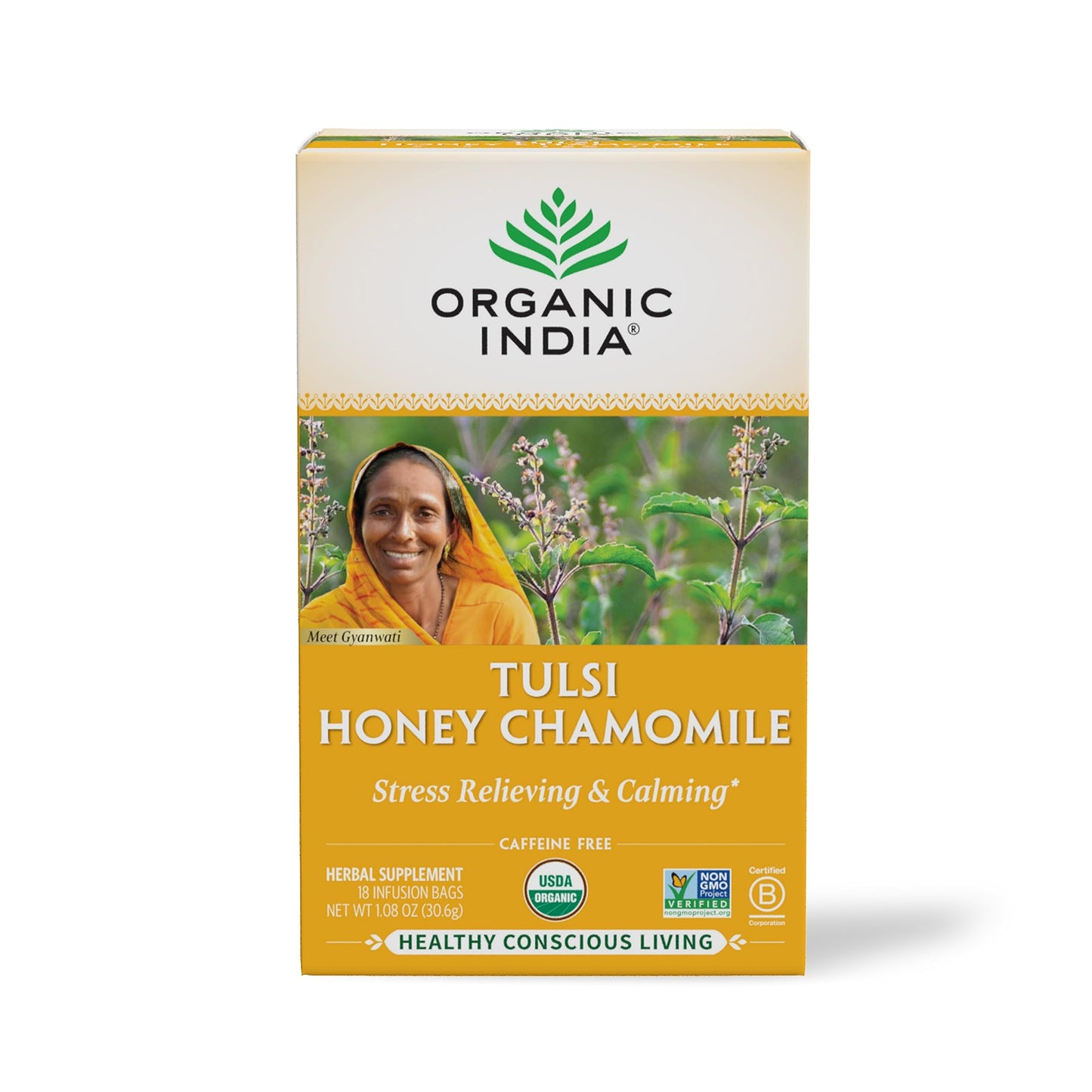 Organic India Tulsi Honey Chamomile Herbal Tea, Stress Relieving, Immune Support, Caffeine-Free, 18 Infusion Bags, 1 Pack