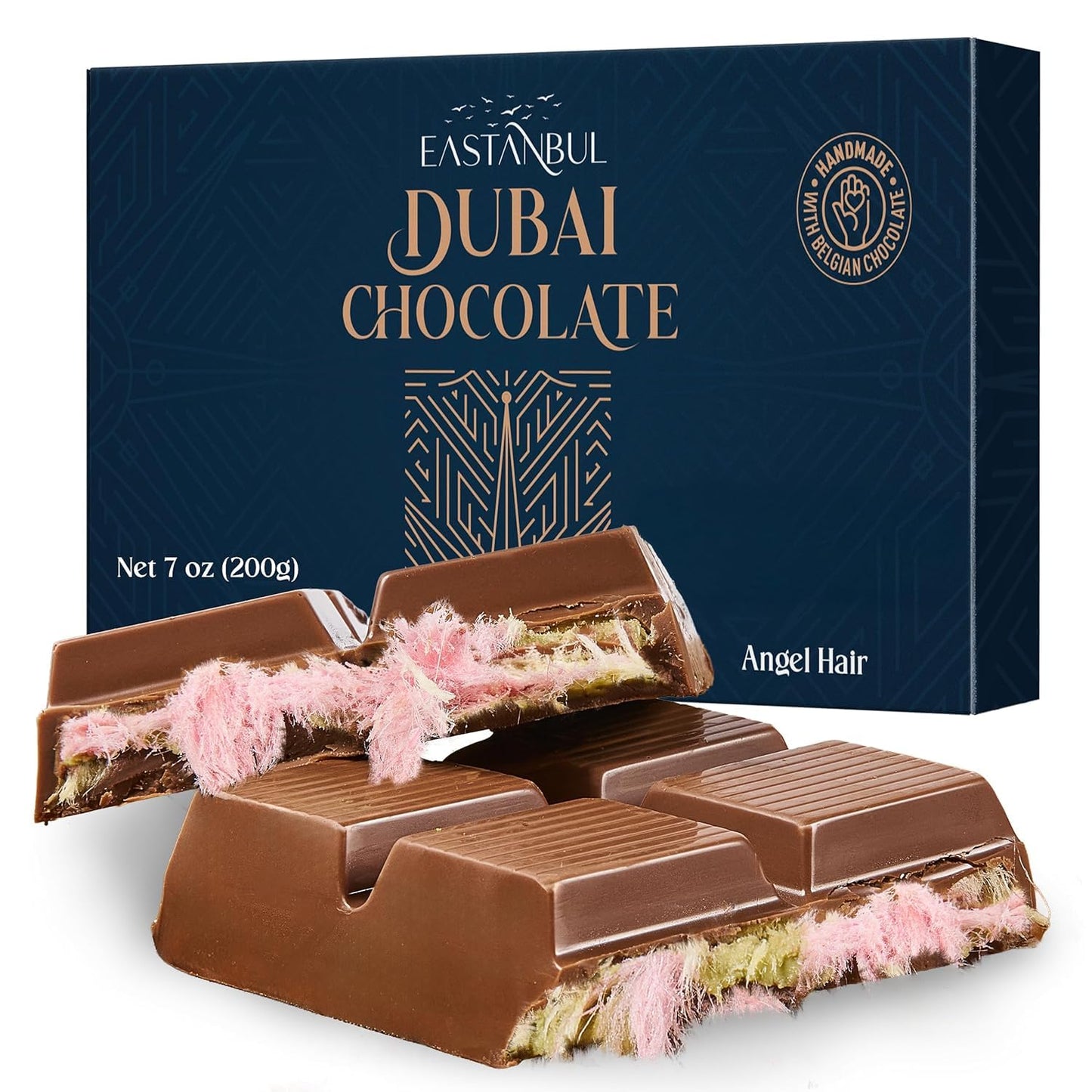 Eastanbul Angel Hair Dubai Chocolate Bar  7Oz  Top-Grade Belgium Chocolate With Pistachio Cream And Angel Hair  Turkish Cotton Candy Dessert  Dubai With Pismaniye Filling  Gift Box