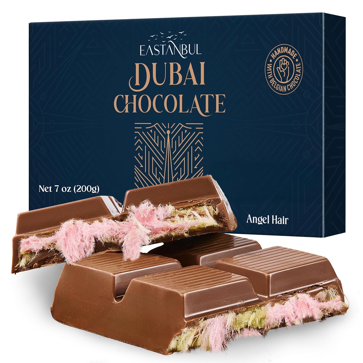 Eastanbul Angel Hair Dubai Chocolate Bar  7Oz  Top-Grade Belgium Chocolate With Pistachio Cream And Angel Hair  Turkish Cotton Candy Dessert  Dubai With Pismaniye Filling  Gift Box