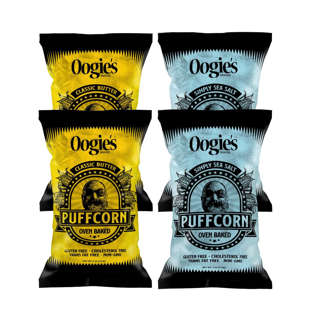 Oogies Gourmet Puffcorn 4 Pack - Classic Butter & Simply Sea Salt, Gluten Free, 4 Ounce Bags