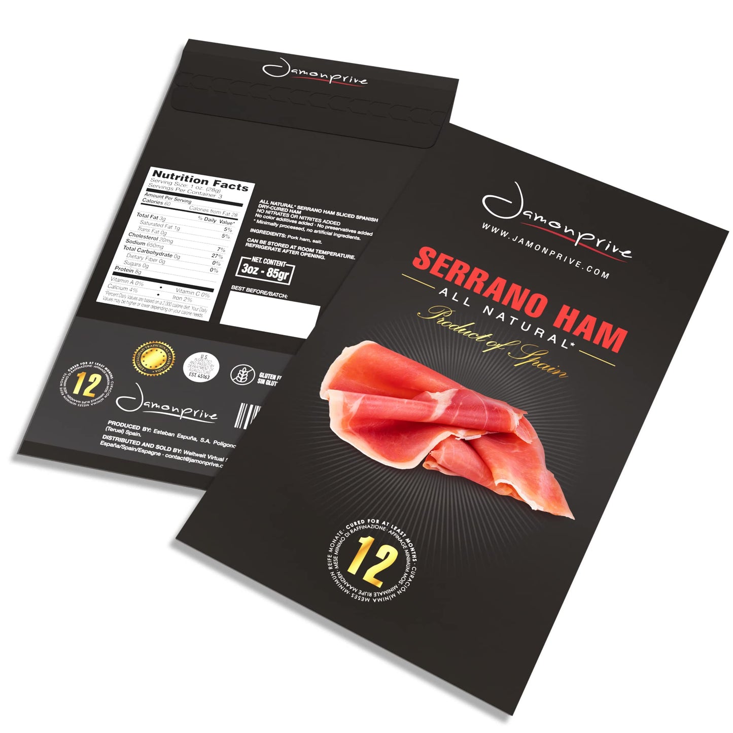 Spanish Serrano Ham Sliced Dry-Cured (3Oz) - Spanish Jamon Serrano With No Nitrates Or Nitrites All Natural, Gmo Free And Gluten