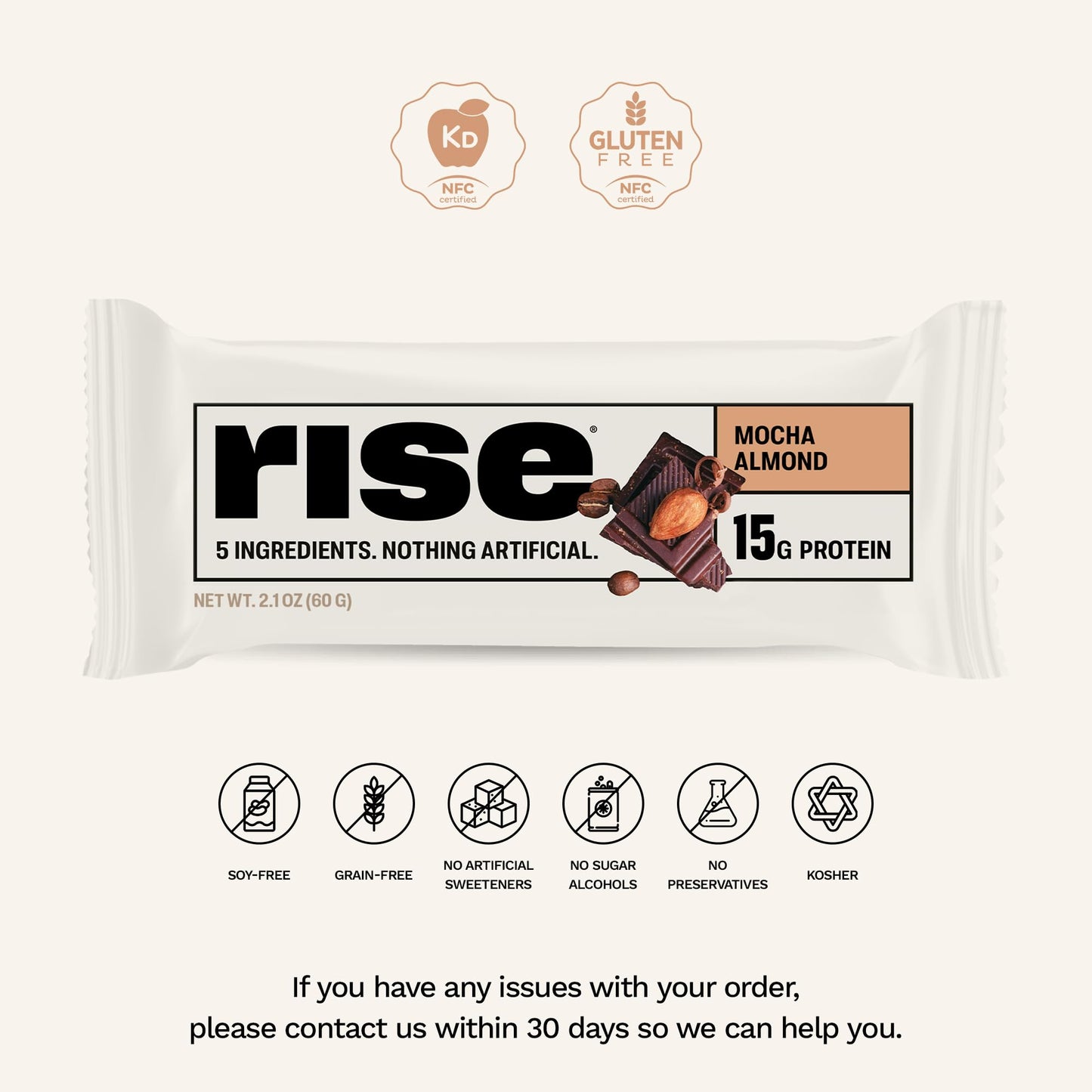 Rise Whey Protein Bars - Mocha Almond, 15g Protein, 4g Fiber, Gluten-Free, 12 Count, Model RBA37228, Brown
