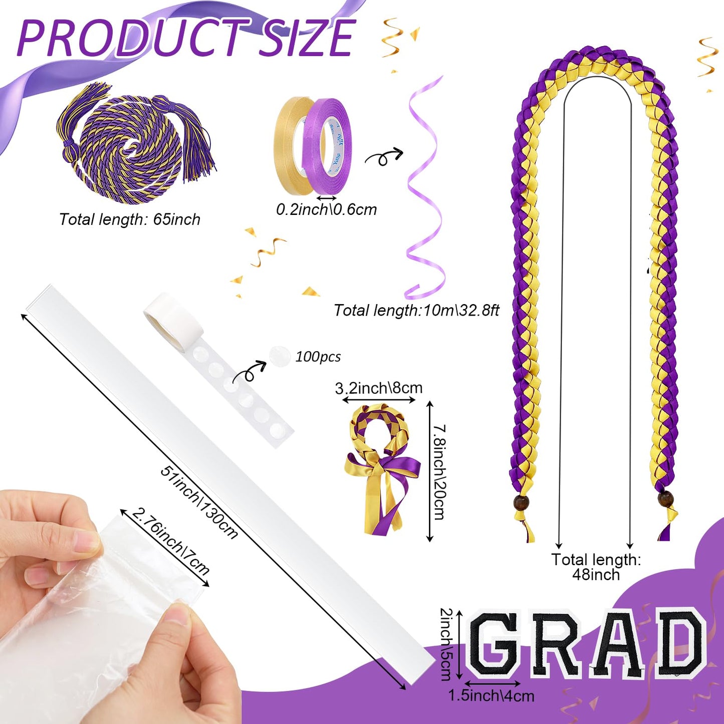 TKNOUS Graduation Ribbon Leis Kit, 10 Pcs Honor Cord, Purple Gold Candy Necklace, Class of 2025, Craft Supplies