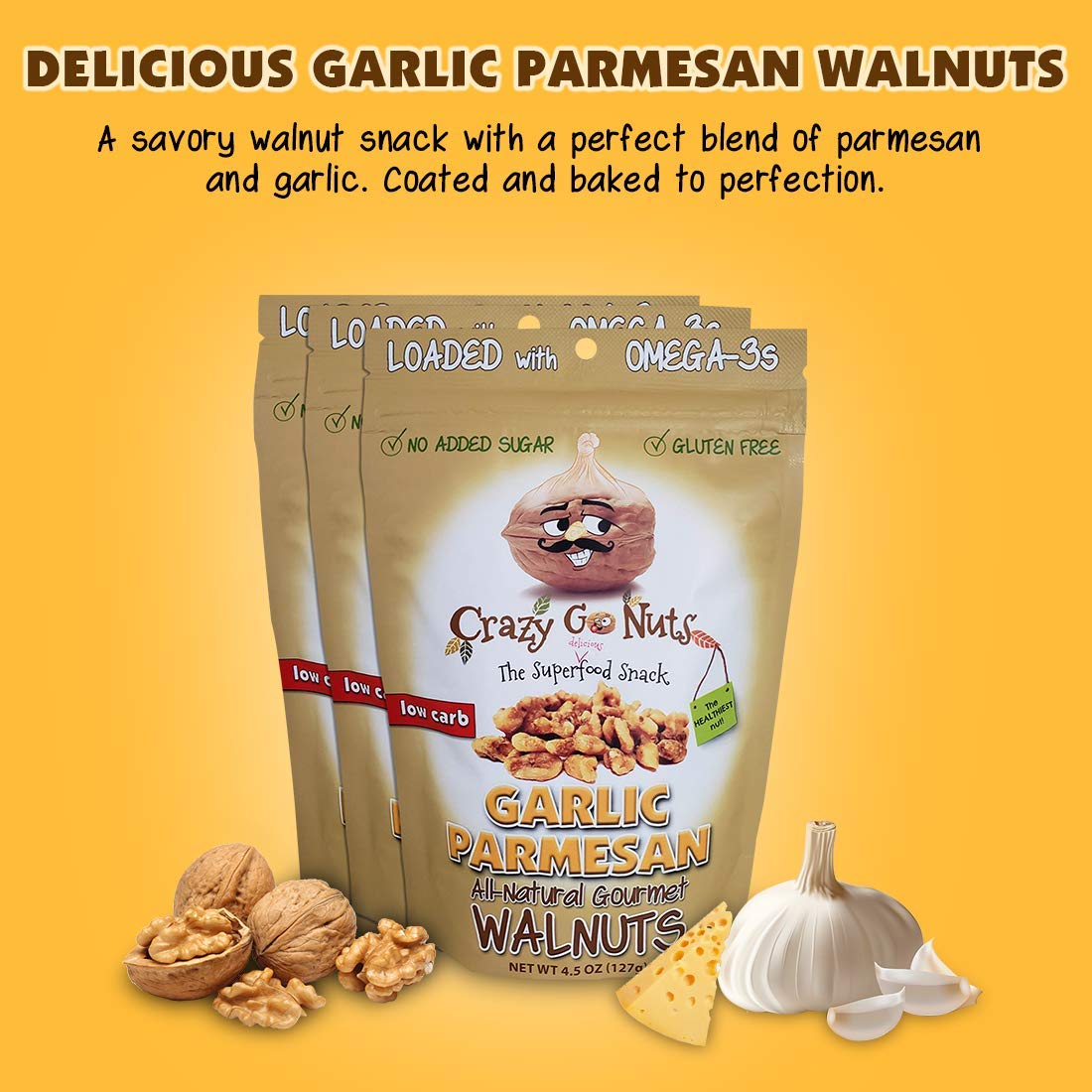 Crazy Go Nuts Walnuts Garlic Parmesan - Healthy Snacks, Keto, Low Carb, Gluten Free, Superfood-Natural, ALA, Omega 3 Fatty Acids