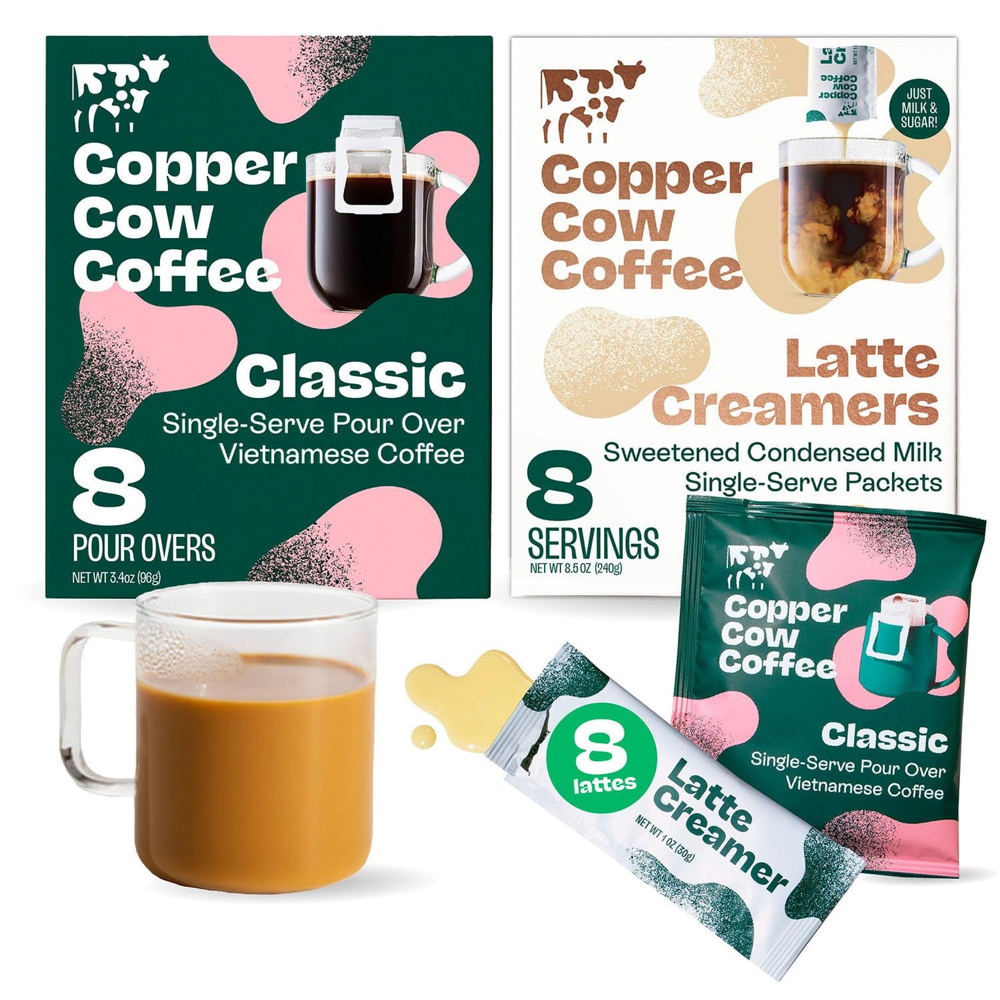 Copper Cow Coffee Premium Vietnamese Coffee: Single-Serve Classic Lattes (8 Lattes, Includes: 8 Coffees & 8 Milk Creamers)
