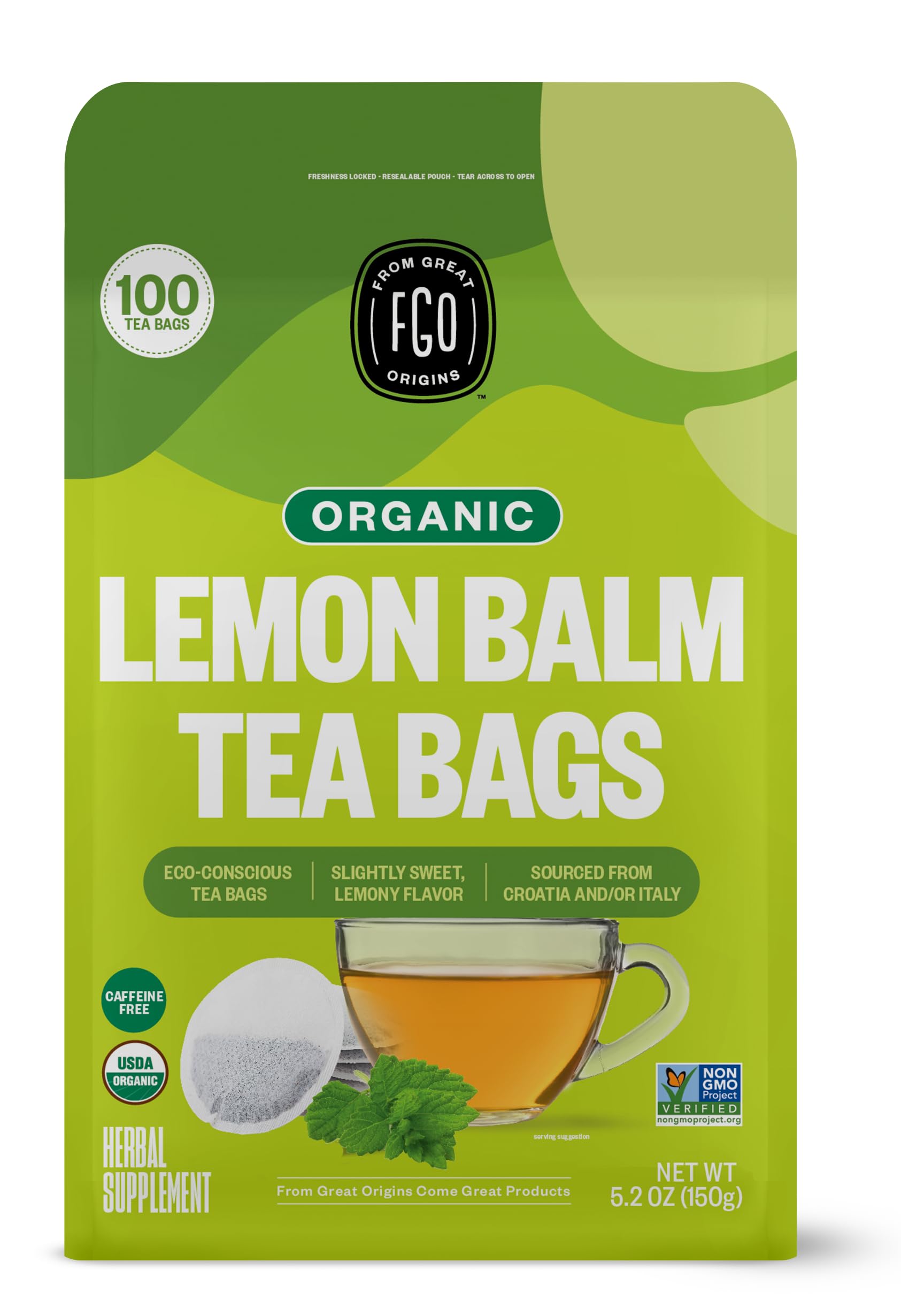 FGO Organic Lemon Balm Tea - Caffeine Free Herbal Tea Bags, 100 Count, Eco-Conscious Resealable Bag