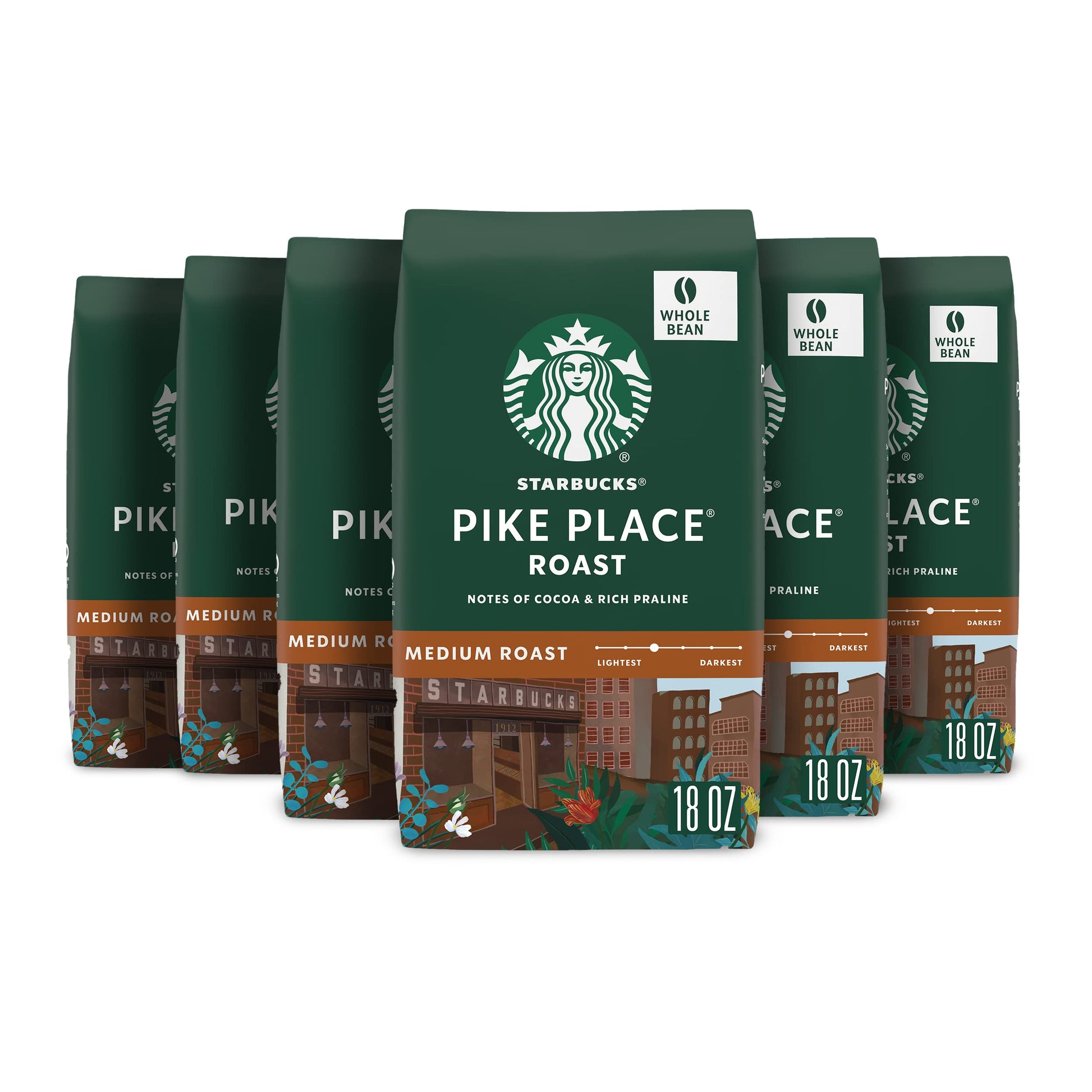 Starbucks Whole Bean Coffee, Medium Roast, 18 oz bags, Pack of 6, Pike Place Roast, 100% Arabica