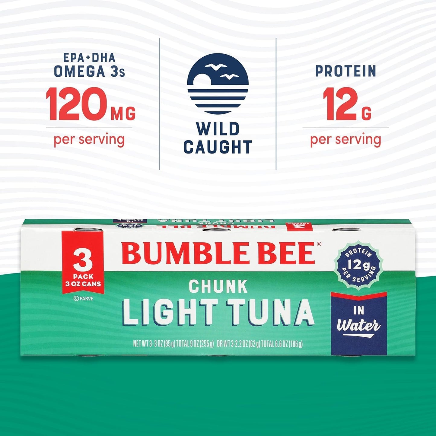 Bumble Bee Chunk Light Tuna in Water, 3 oz Cans (Pack of 3) - Wild Caught, 12g Protein, MSC Certified, Non-GMO, Gluten Free, Kos