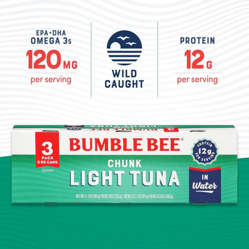 Bumble Bee Chunk Light Tuna in Water, Wild Caught Skipjack, 3 oz Cans (Pack of 3), 12g Protein, Non-GMO, Gluten Free, Kosher
