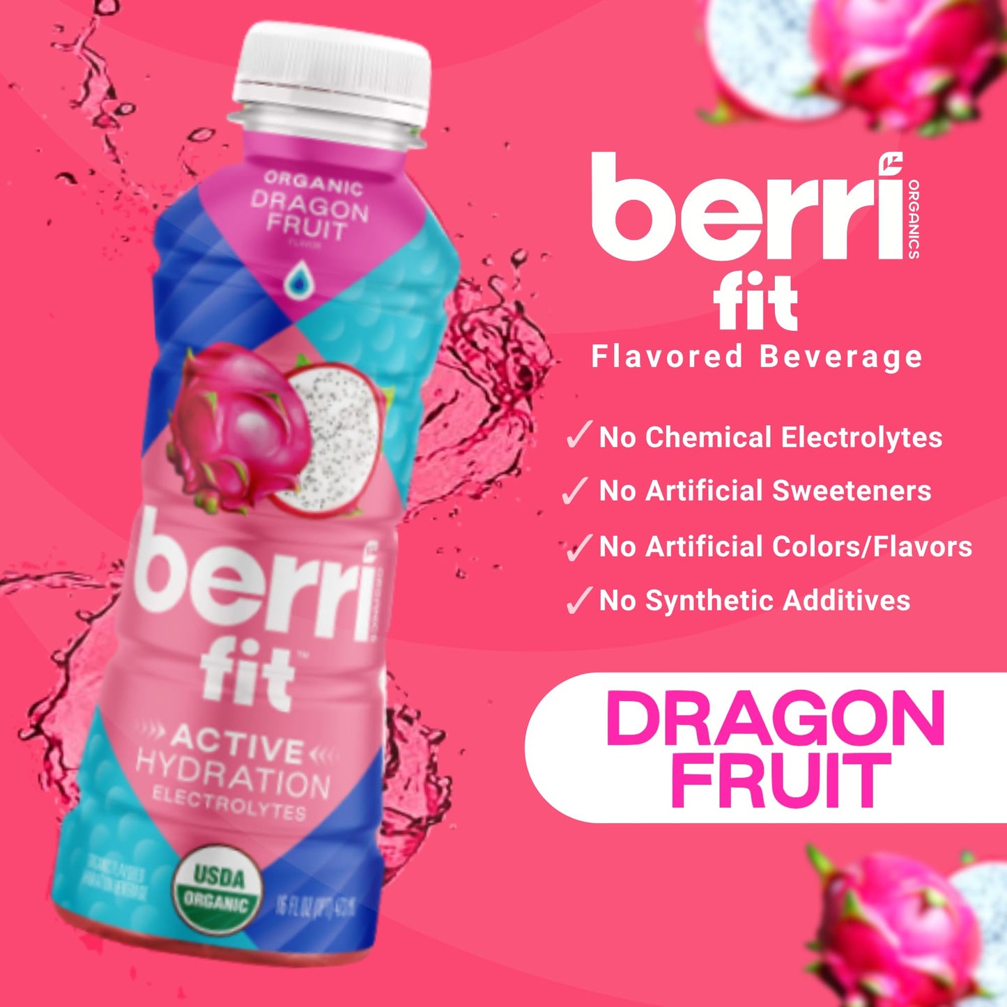Berri Fit Organic Dragon Fruit Sports Drink - Plant-Based Electrolyte Beverage, Low Calorie, 4 Pack, 16oz