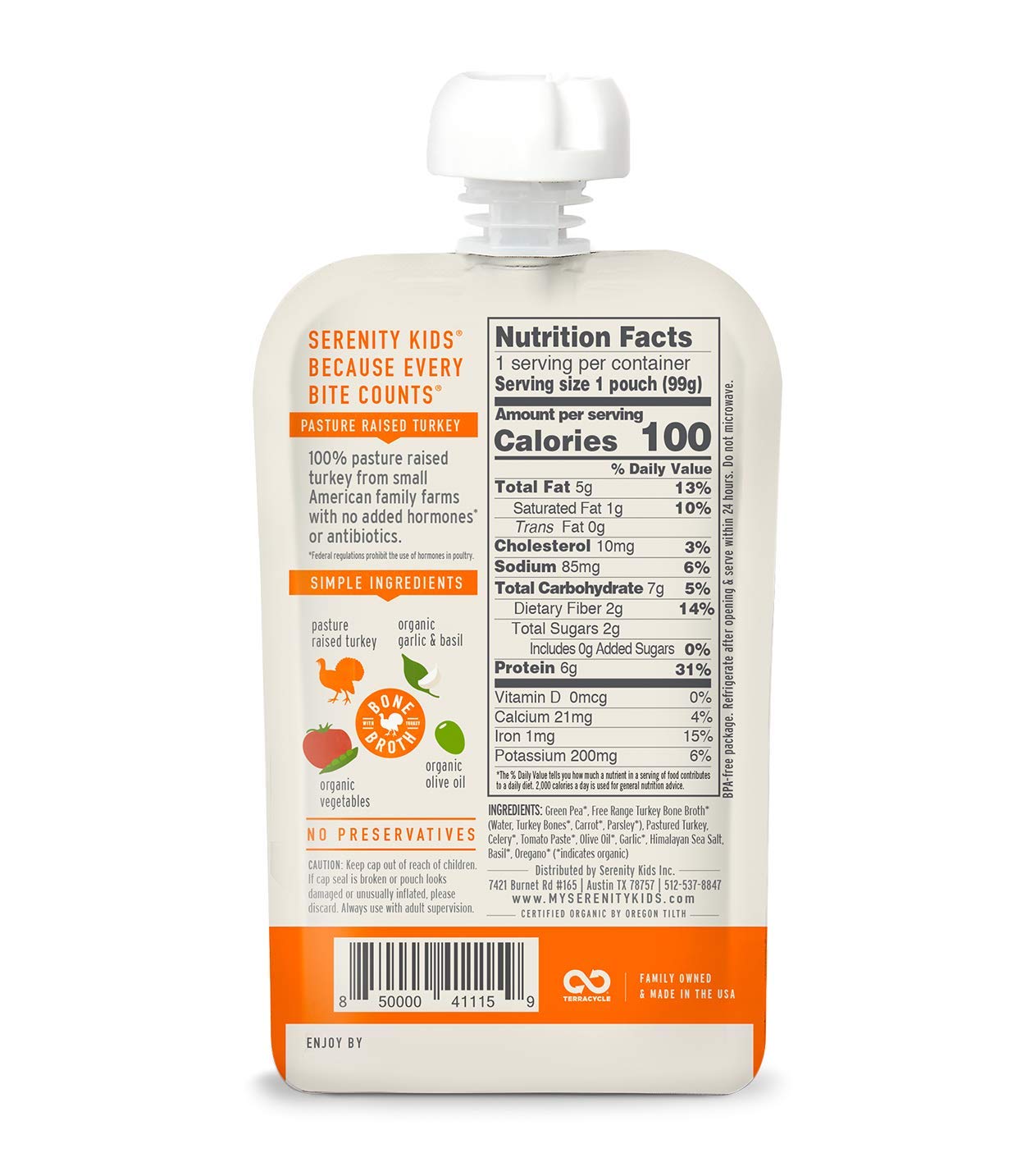 Serenity Kids Bone Broth Puree Made with Organic Veggies - Clean Label Project Purity Award Certified - 3.5 Ounce BPA-Free Pouch